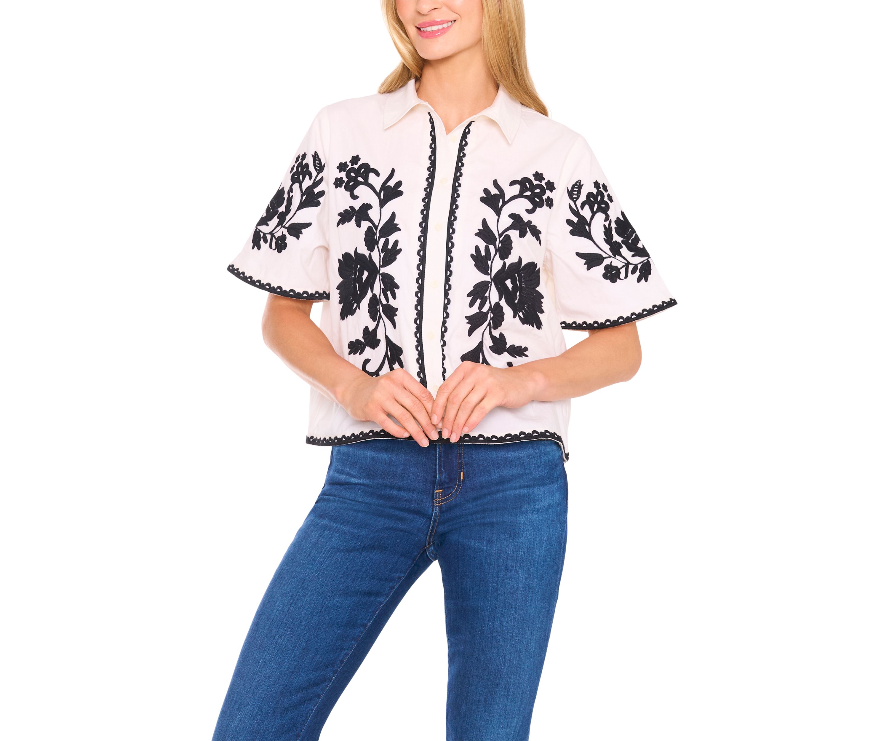 Petite Relaxed Floral Embroidered Blouse