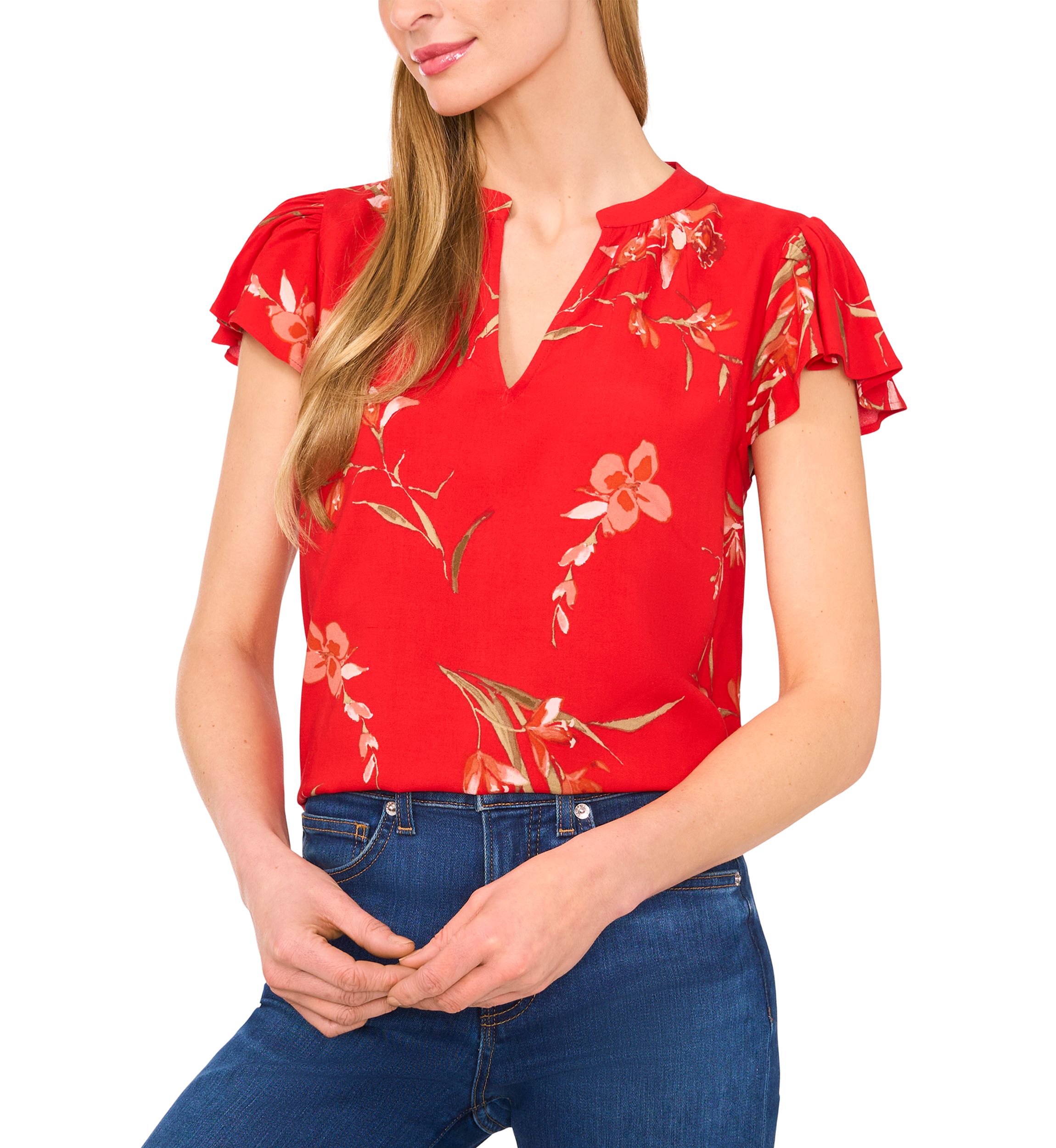 Petite Split Neck Flutter Sleeve Top