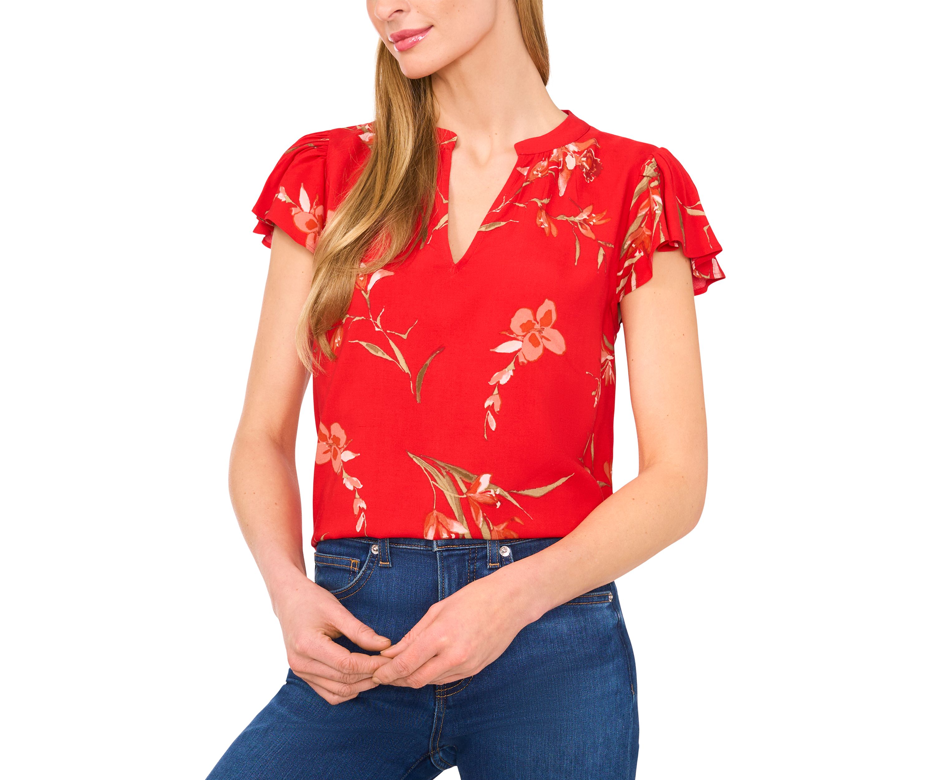 Petite Split Neck Flutter Sleeve Top