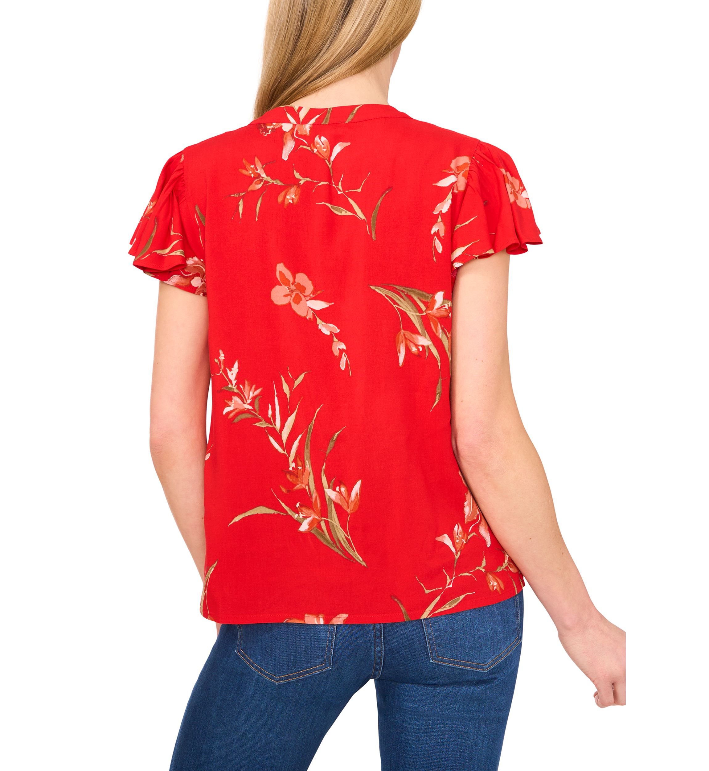 Petite Split Neck Flutter Sleeve Top