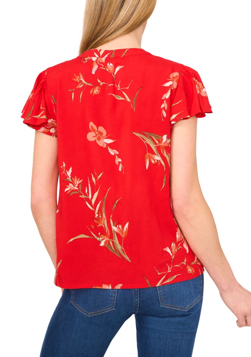 Petite Split Neck Flutter Sleeve Top