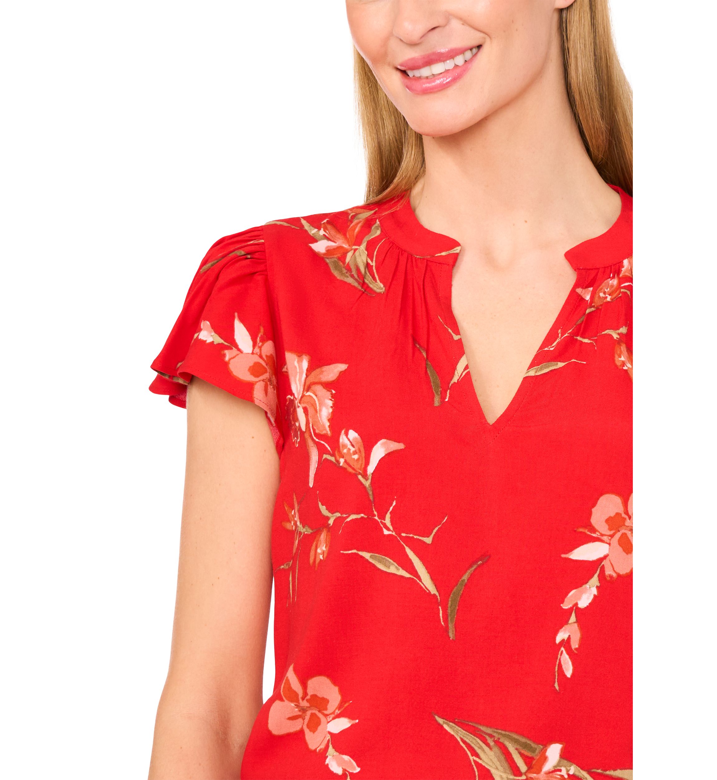Petite Split Neck Flutter Sleeve Top