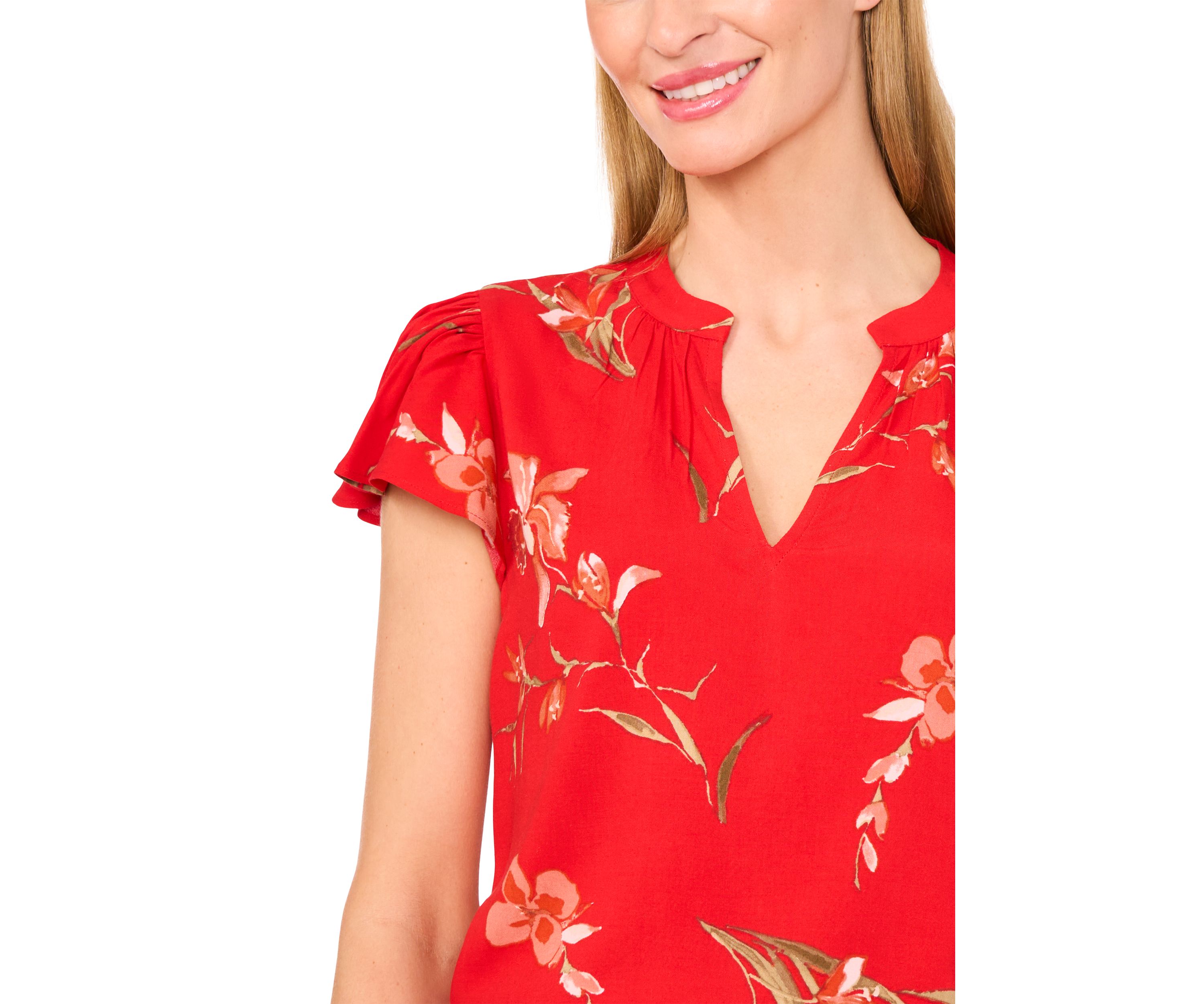Petite Split Neck Flutter Sleeve Top
