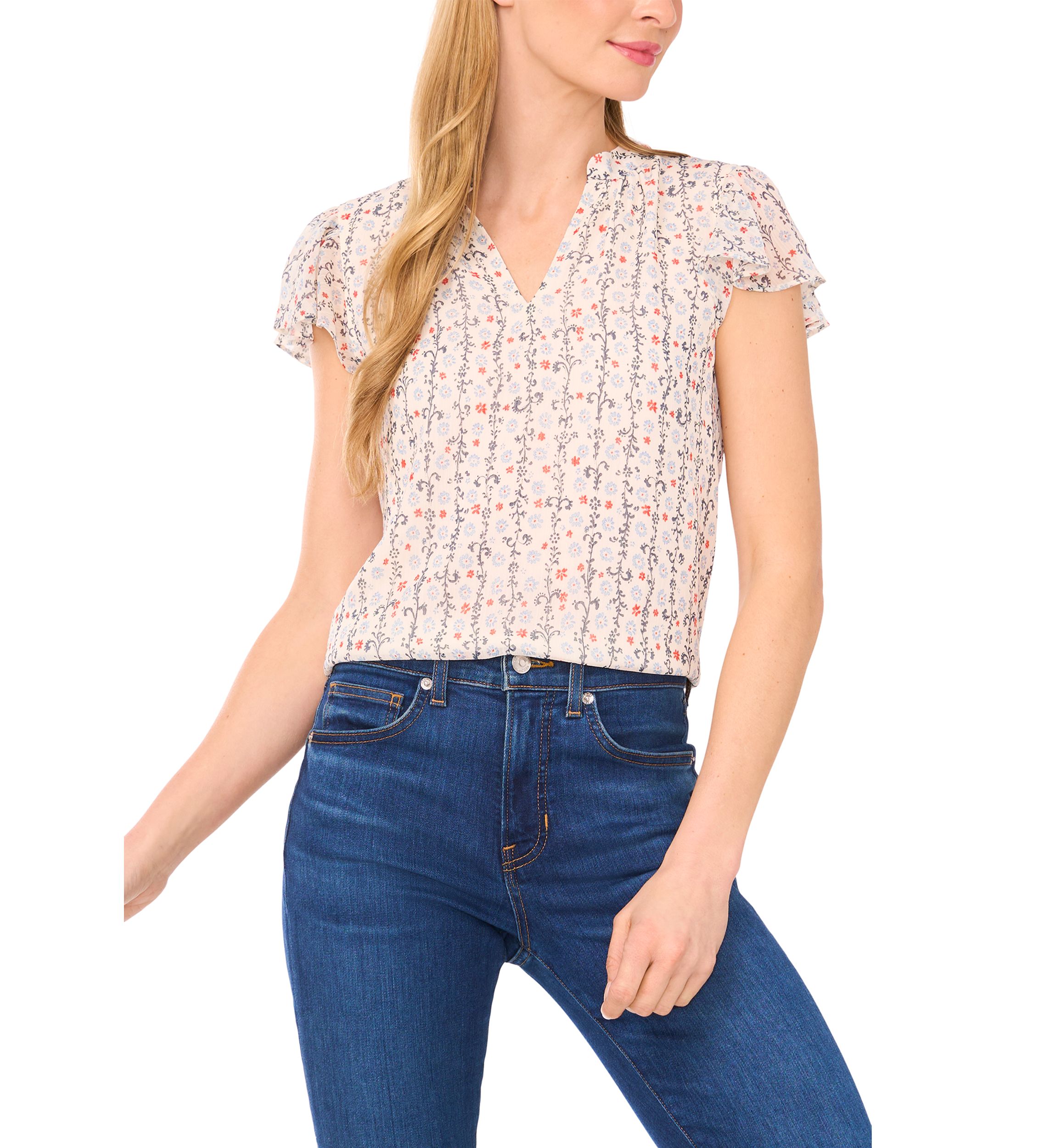 Petite Split Neck Flutter Sleeve Top