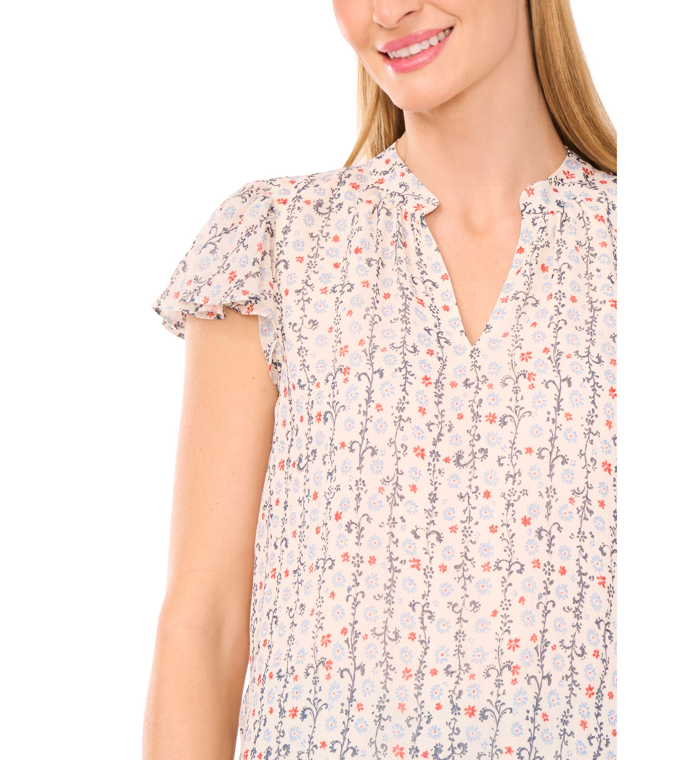 Petite Split Neck Flutter Sleeve Top