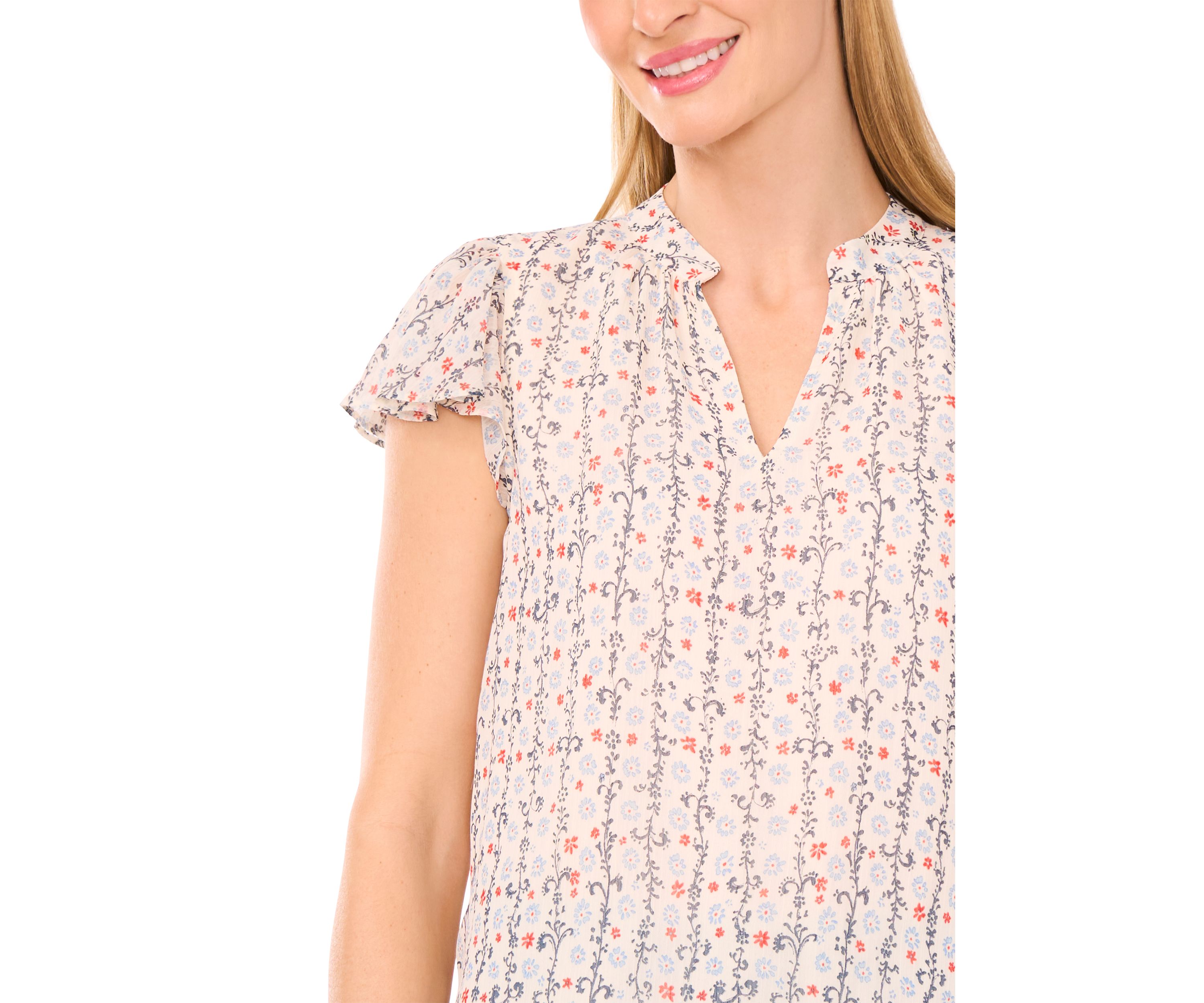 Petite Split Neck Flutter Sleeve Top