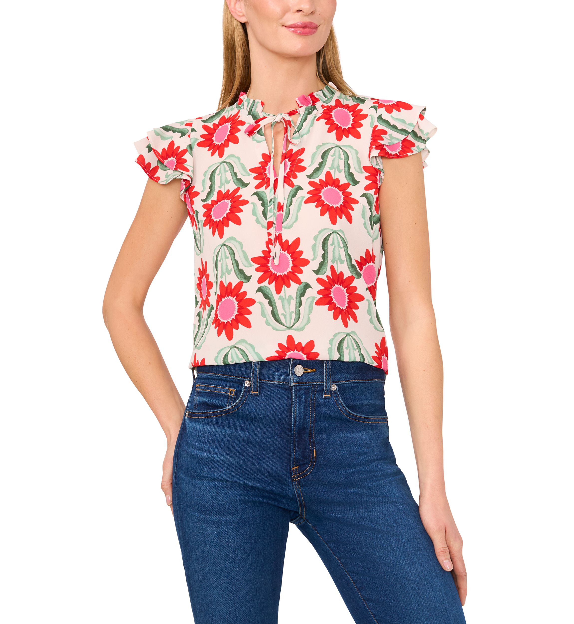Petite Tie Neck Flutter Sleeve Printed Top 