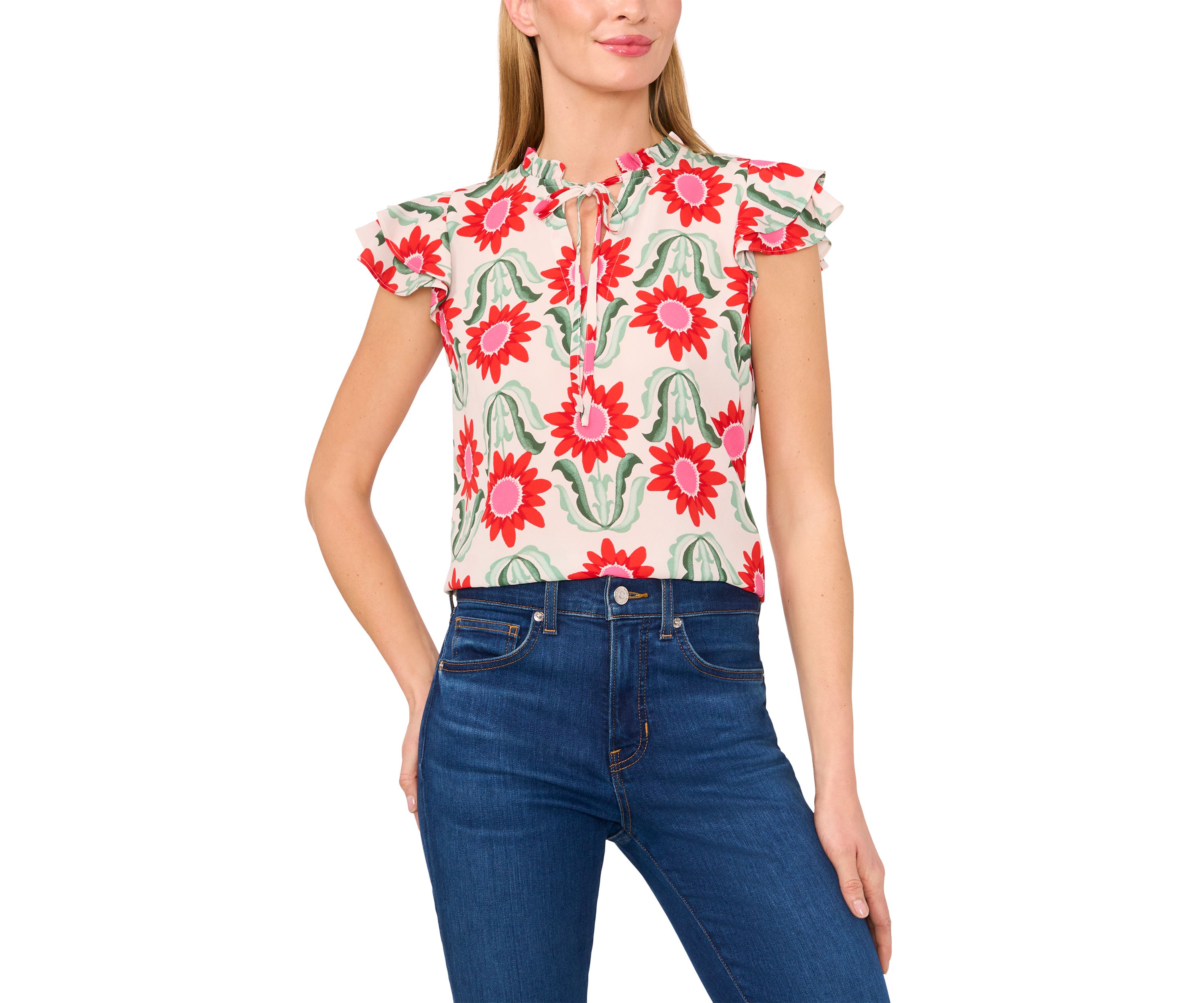 Petite Tie Neck Flutter Sleeve Printed Top 