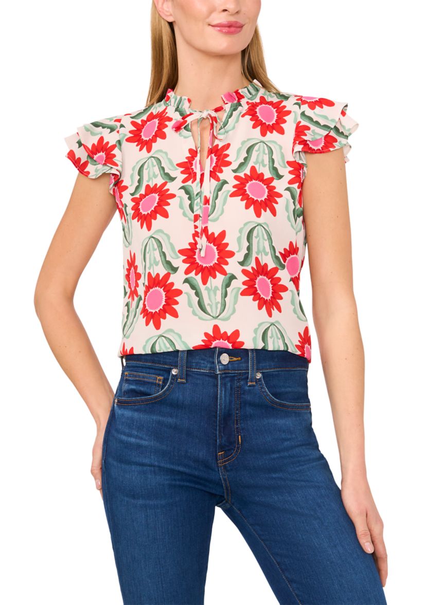 Petite Tie Neck Flutter Sleeve Printed Top 