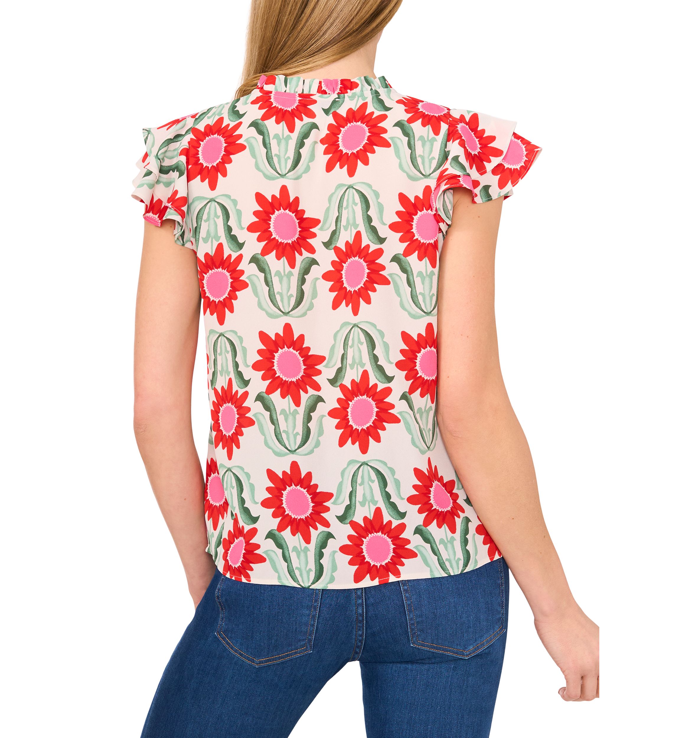 Petite Tie Neck Flutter Sleeve Printed Top 