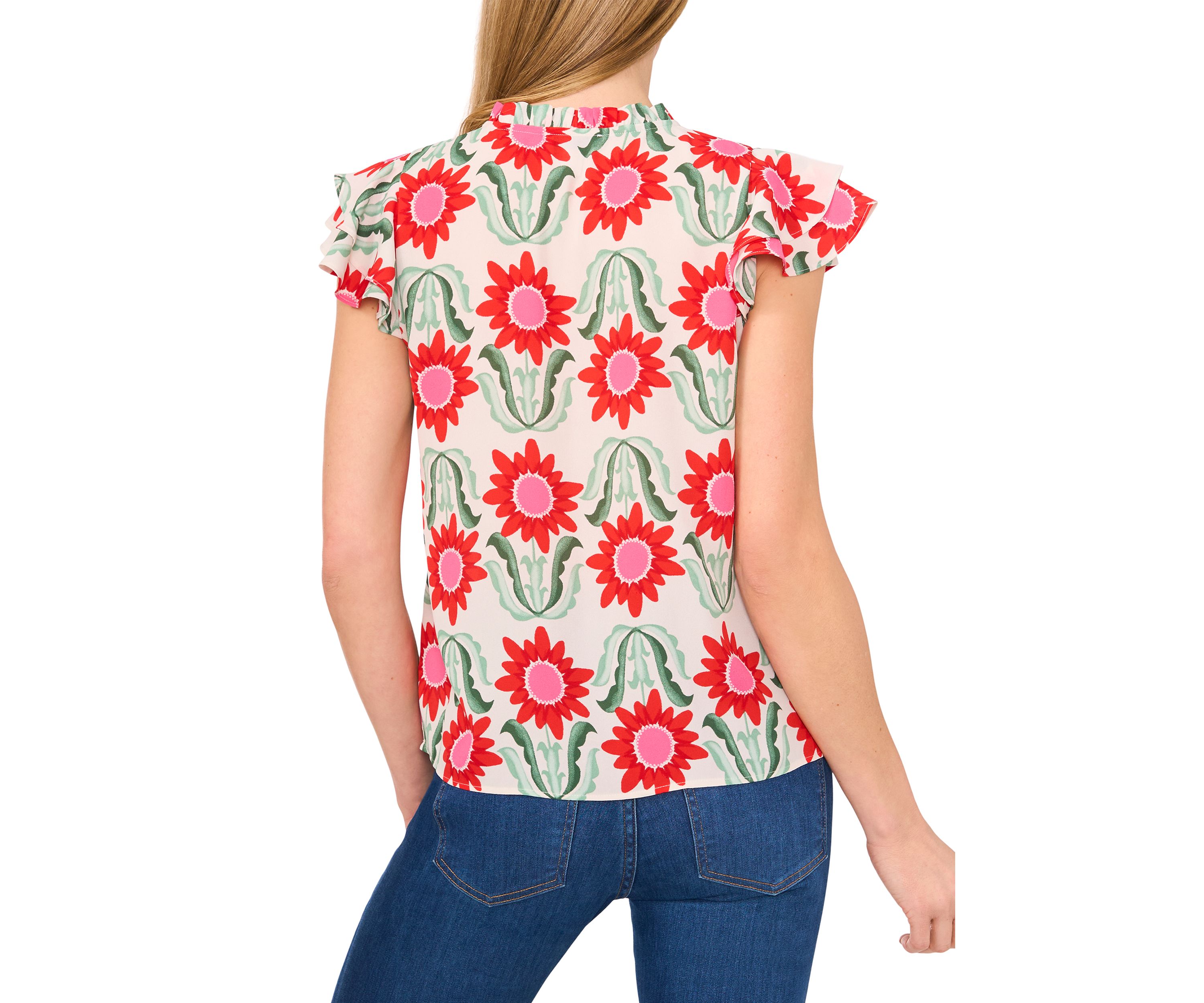 Petite Tie Neck Flutter Sleeve Printed Top 