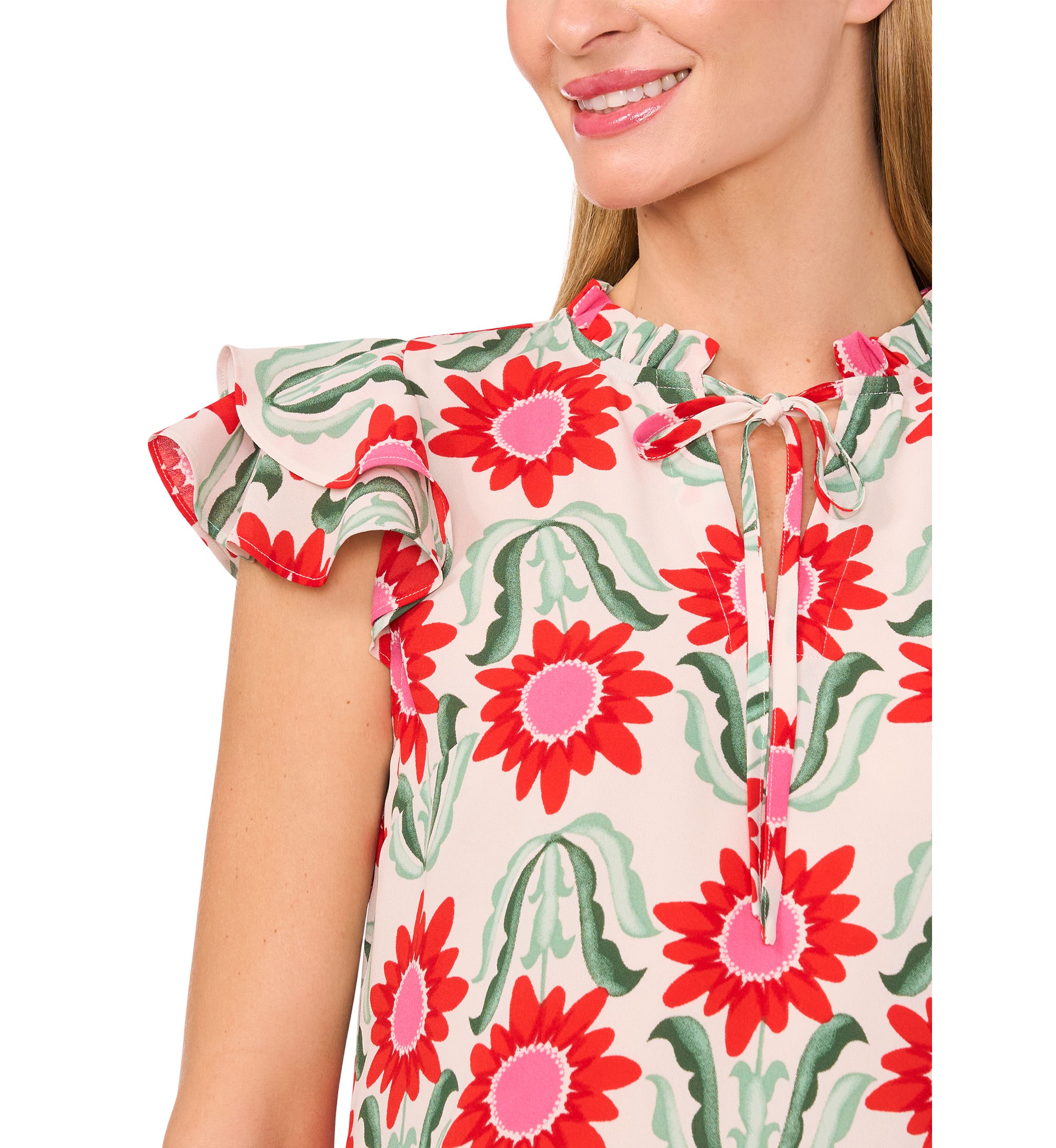 Petite Tie Neck Flutter Sleeve Printed Top 