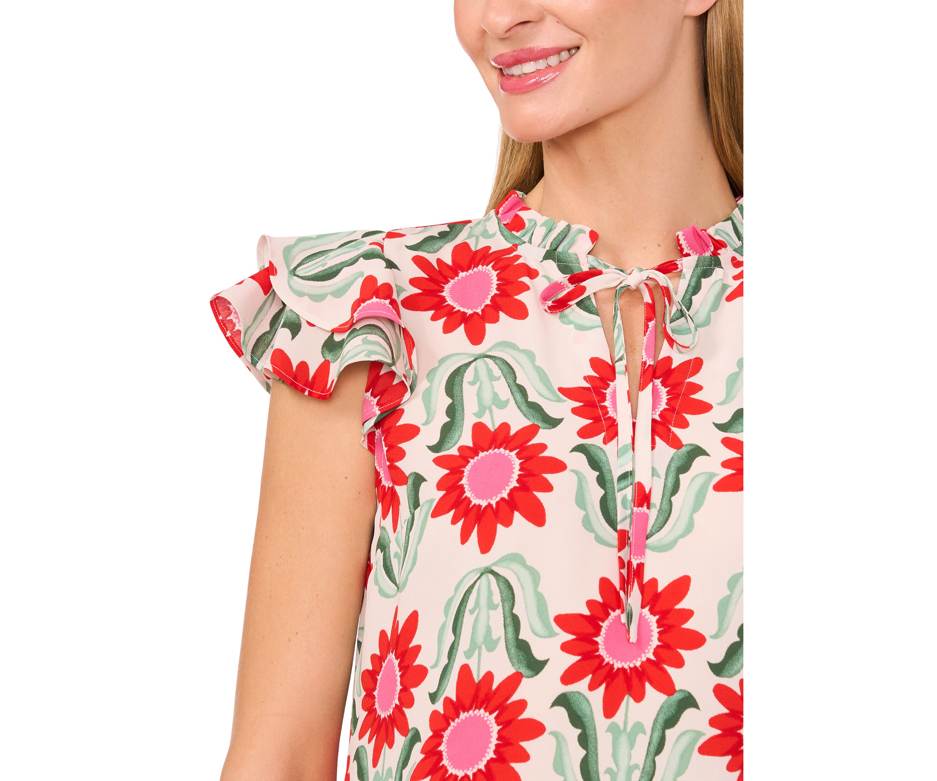 Petite Tie Neck Flutter Sleeve Printed Top 