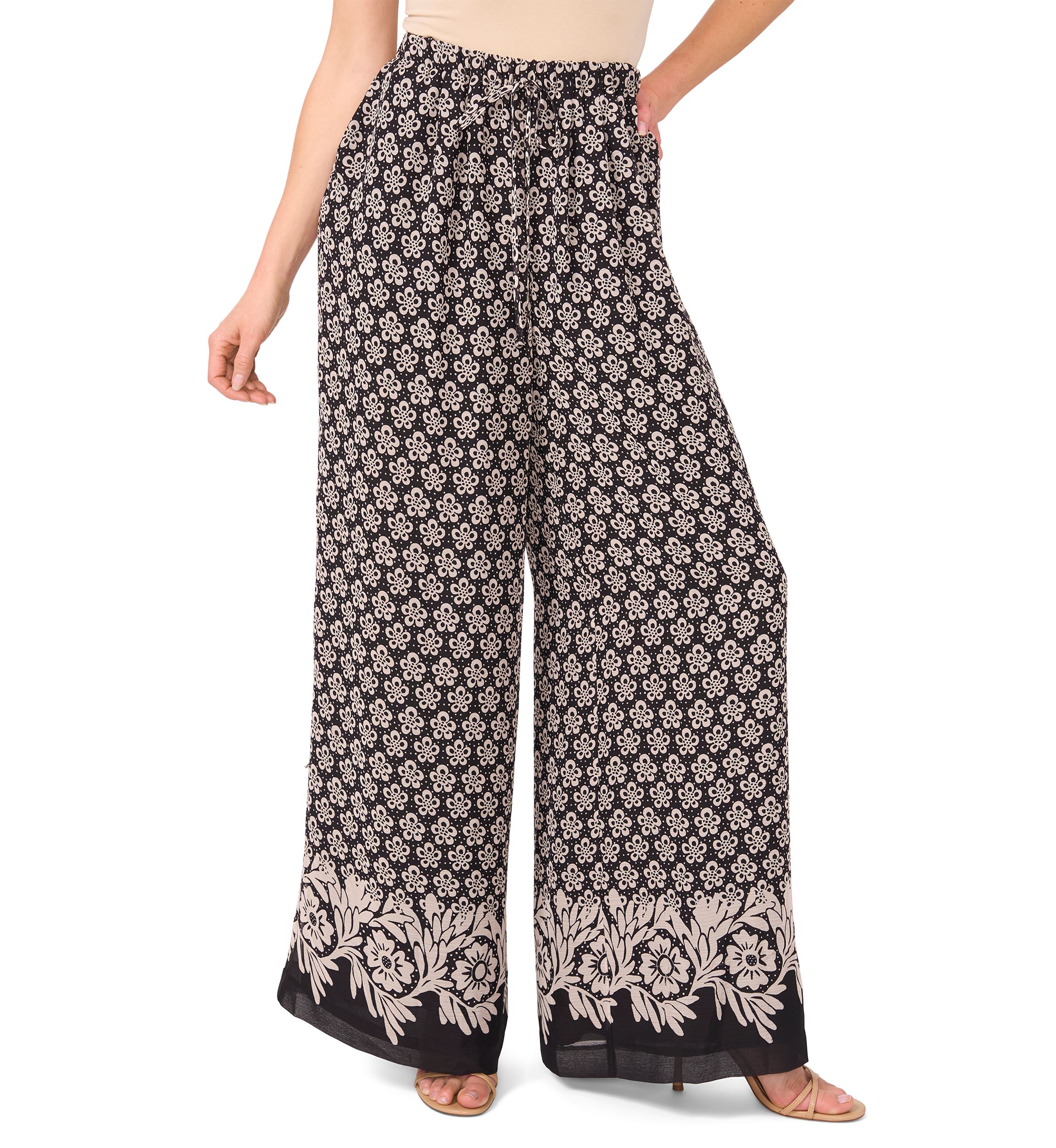 Petite Elastic Waist Printed Wide Leg Pants