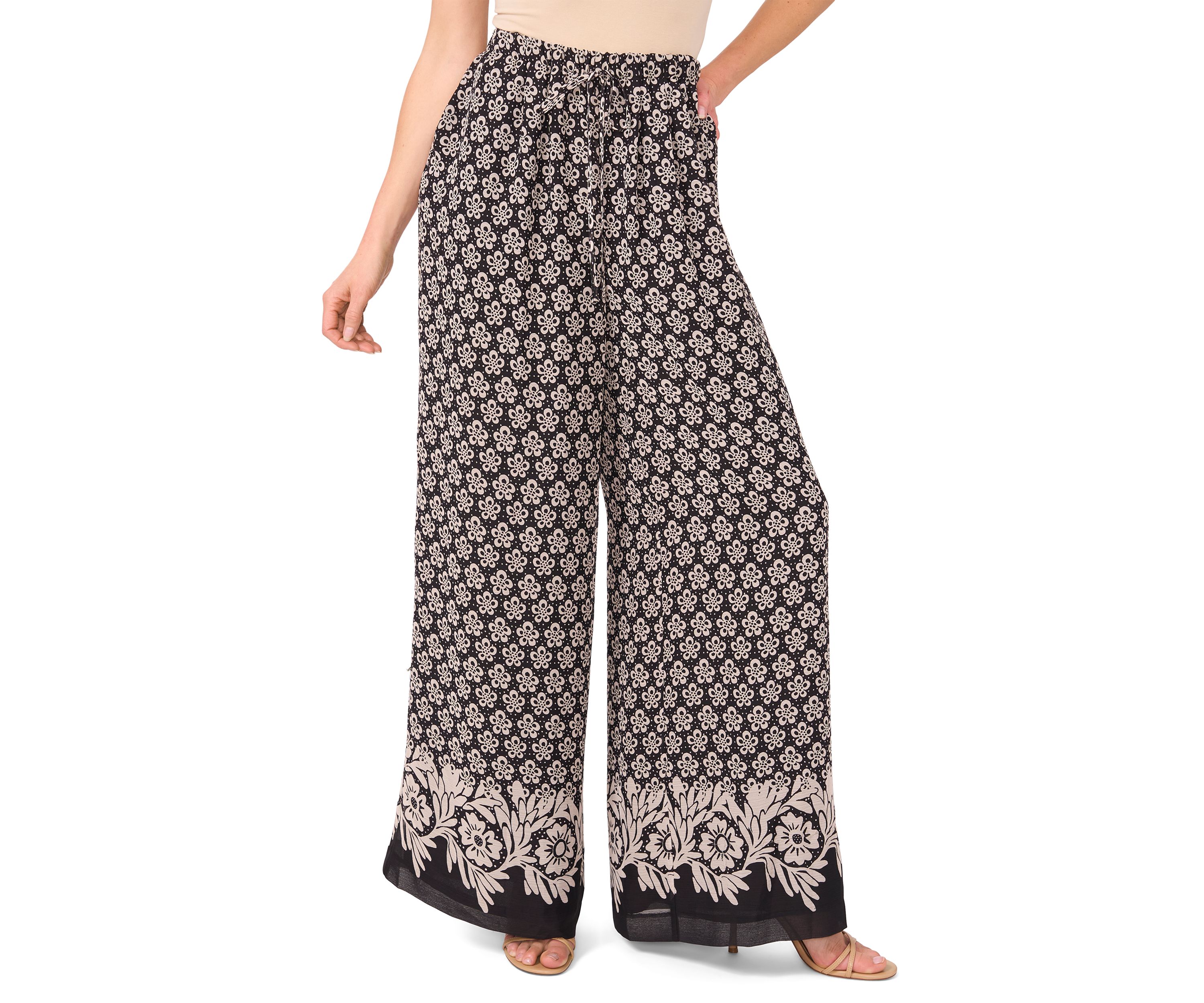 Petite Elastic Waist Printed Wide Leg Pants