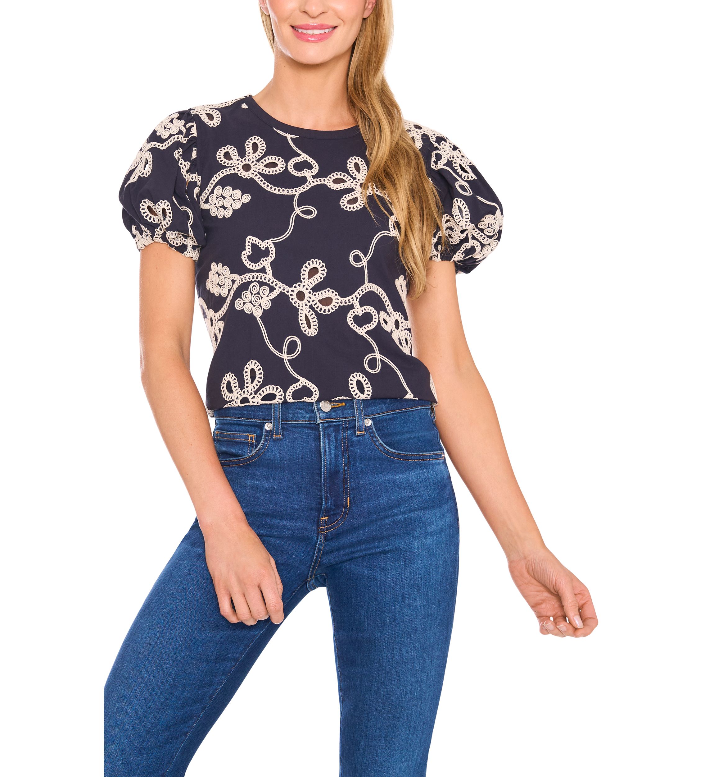 Petite Embroidered Puff Sleeve Top