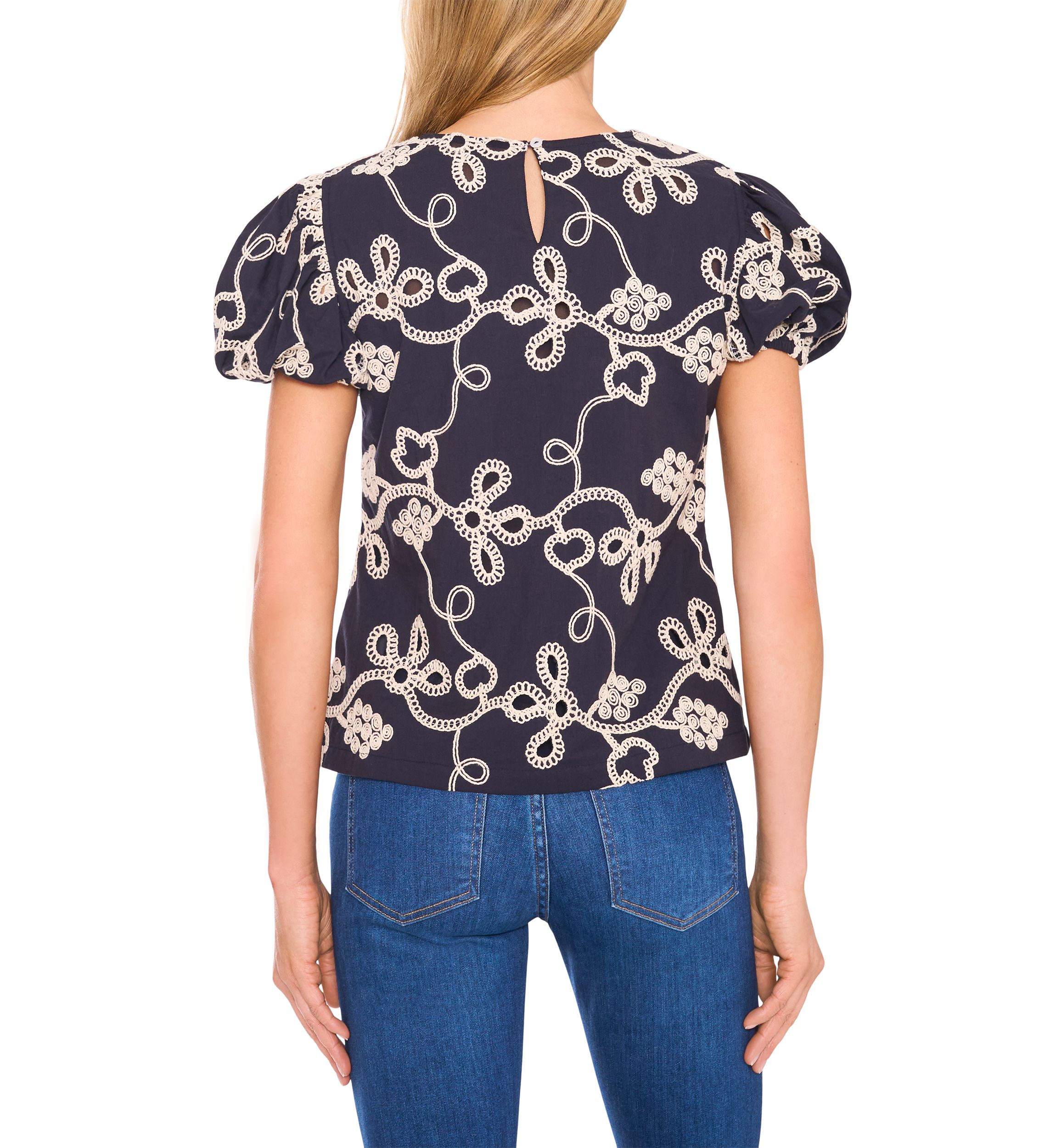 Petite Embroidered Puff Sleeve Top