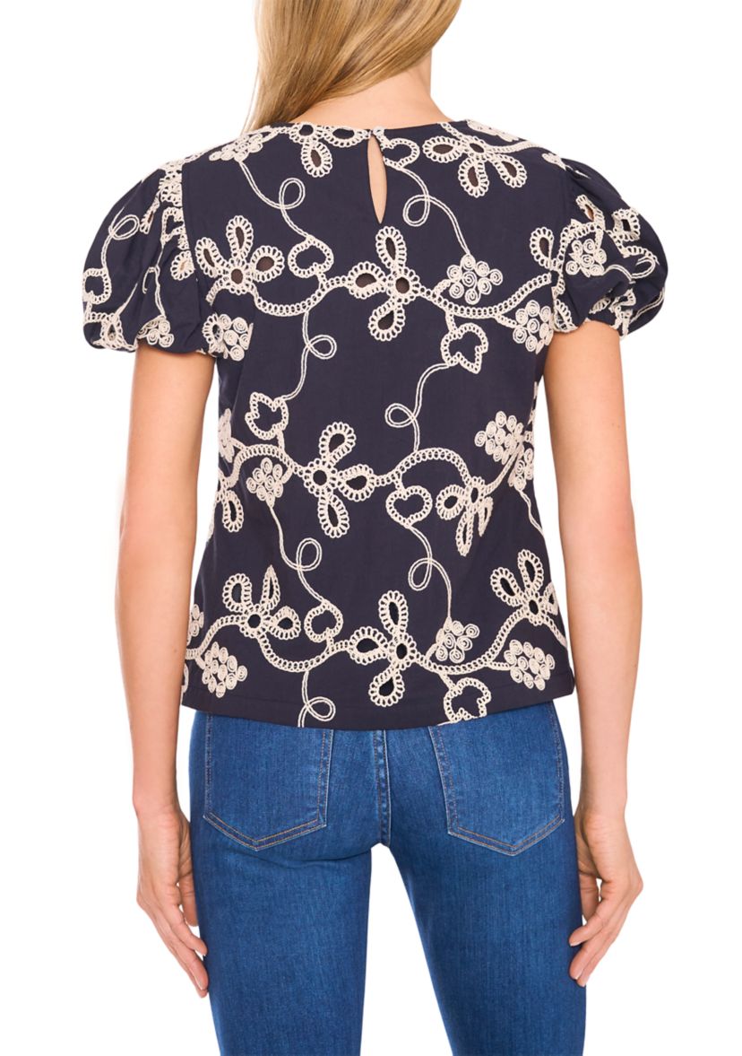 Petite Embroidered Puff Sleeve Top