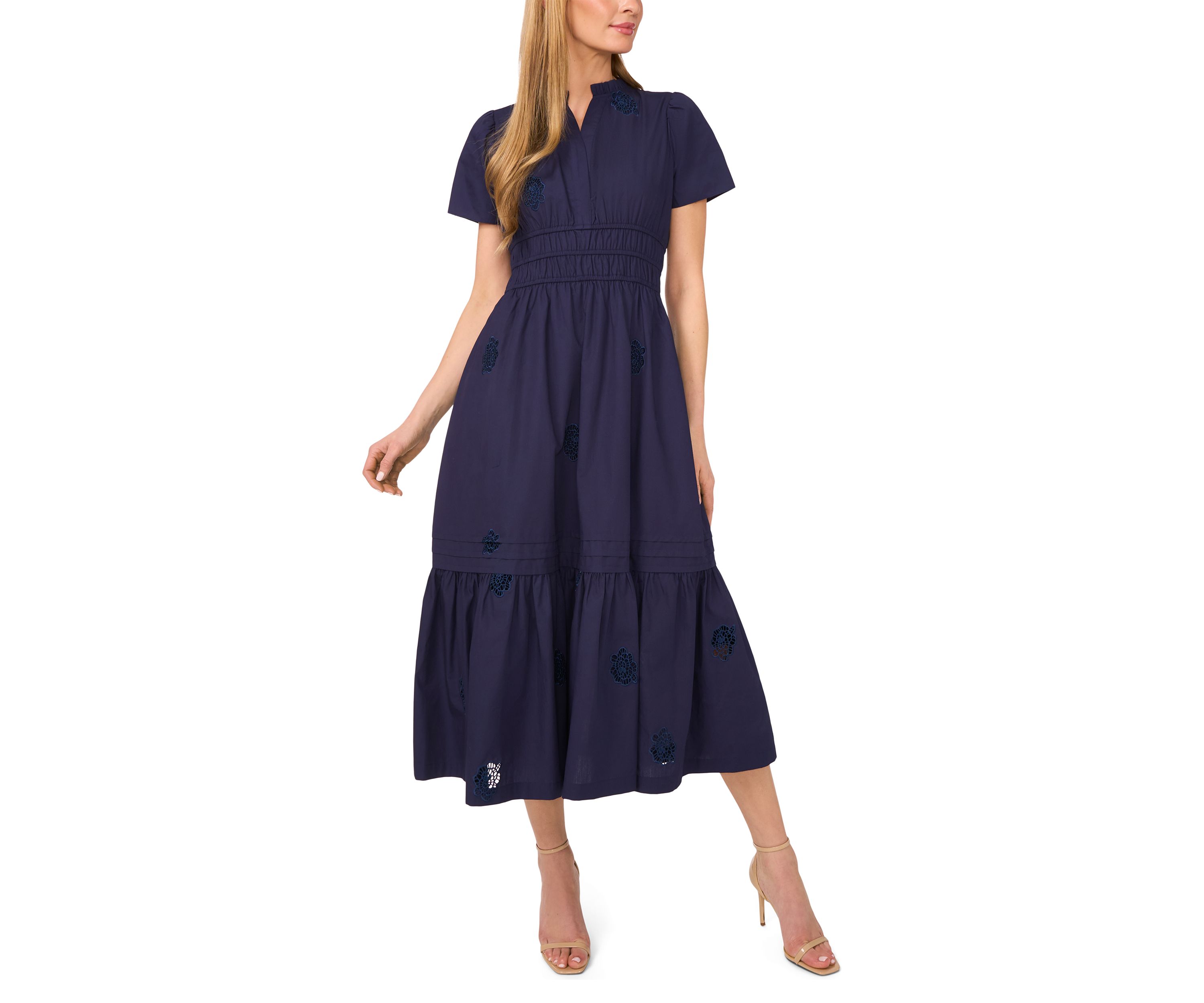 Petite Puff Sleeve Split Neck Maxi Dress