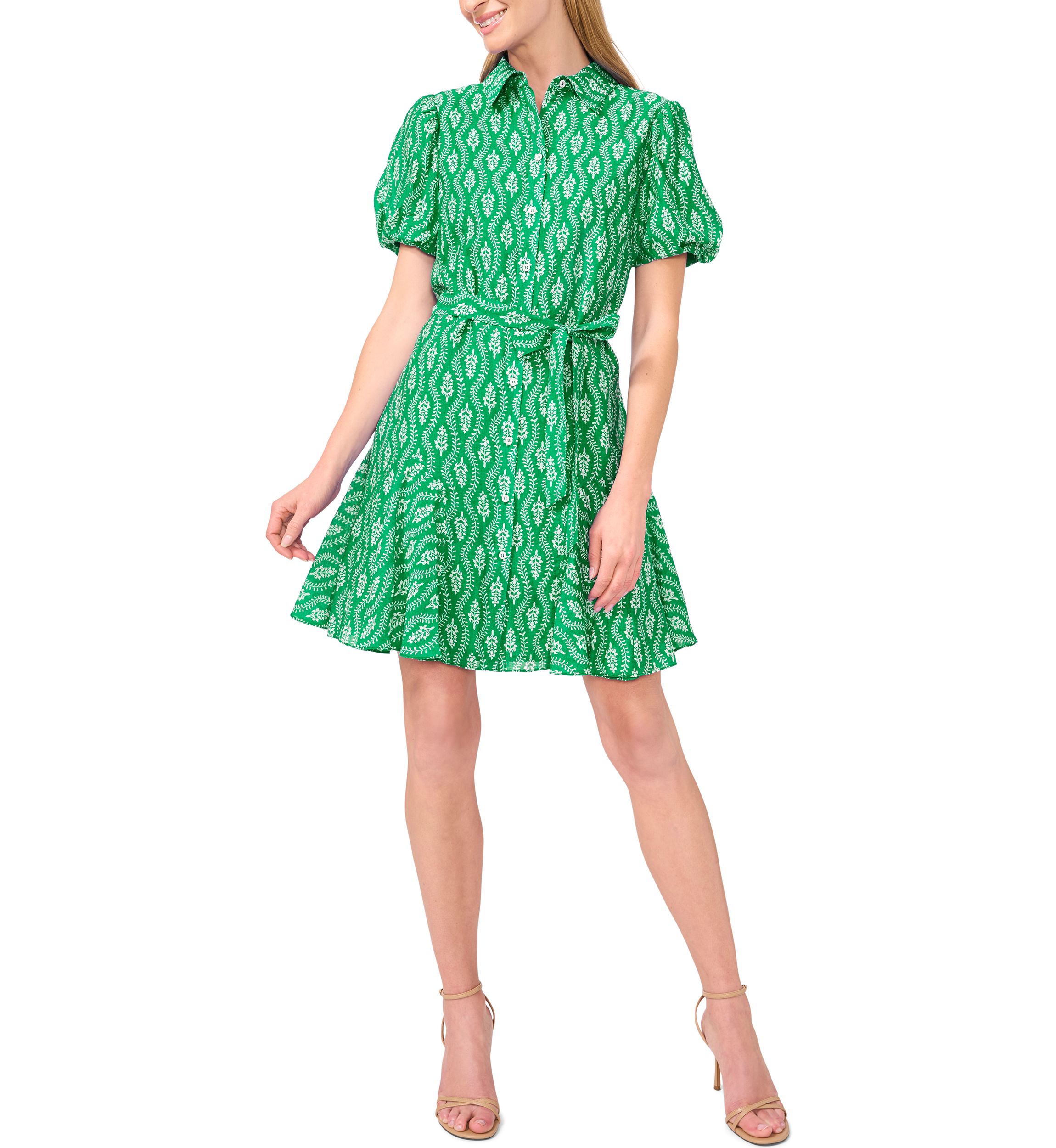 Petite Flowy Tie Waist Printed Shirt Dress