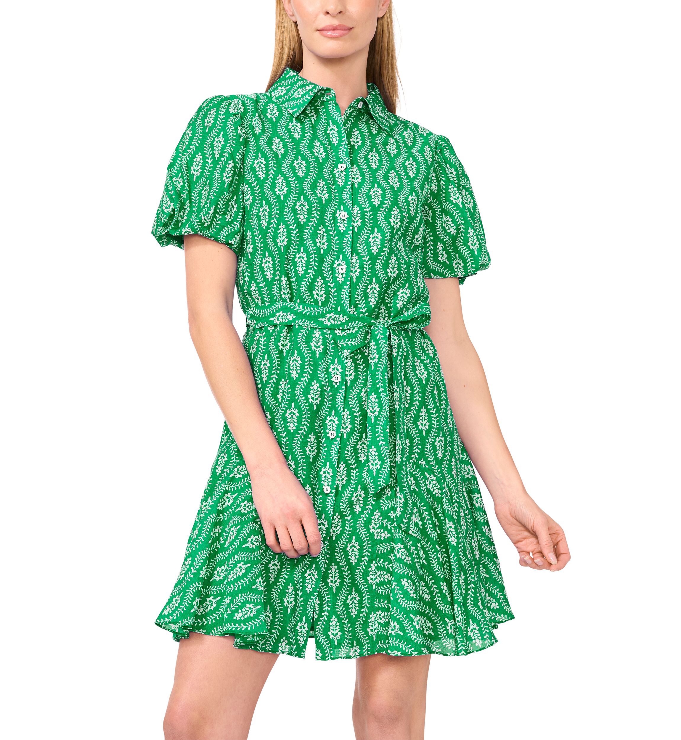 Petite Flowy Tie Waist Printed Shirt Dress
