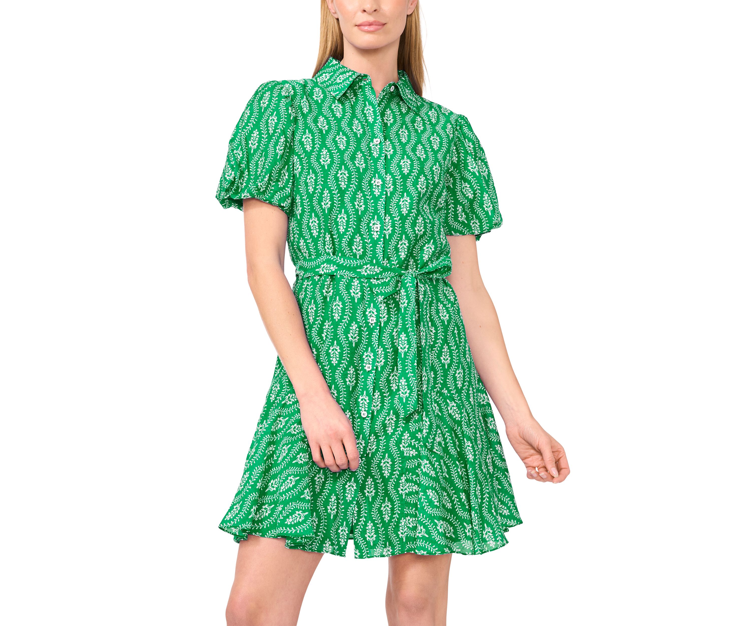 Petite Flowy Tie Waist Printed Shirt Dress