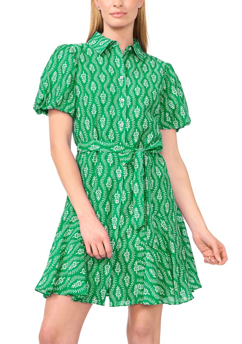 Petite Flowy Tie Waist Printed Shirt Dress
