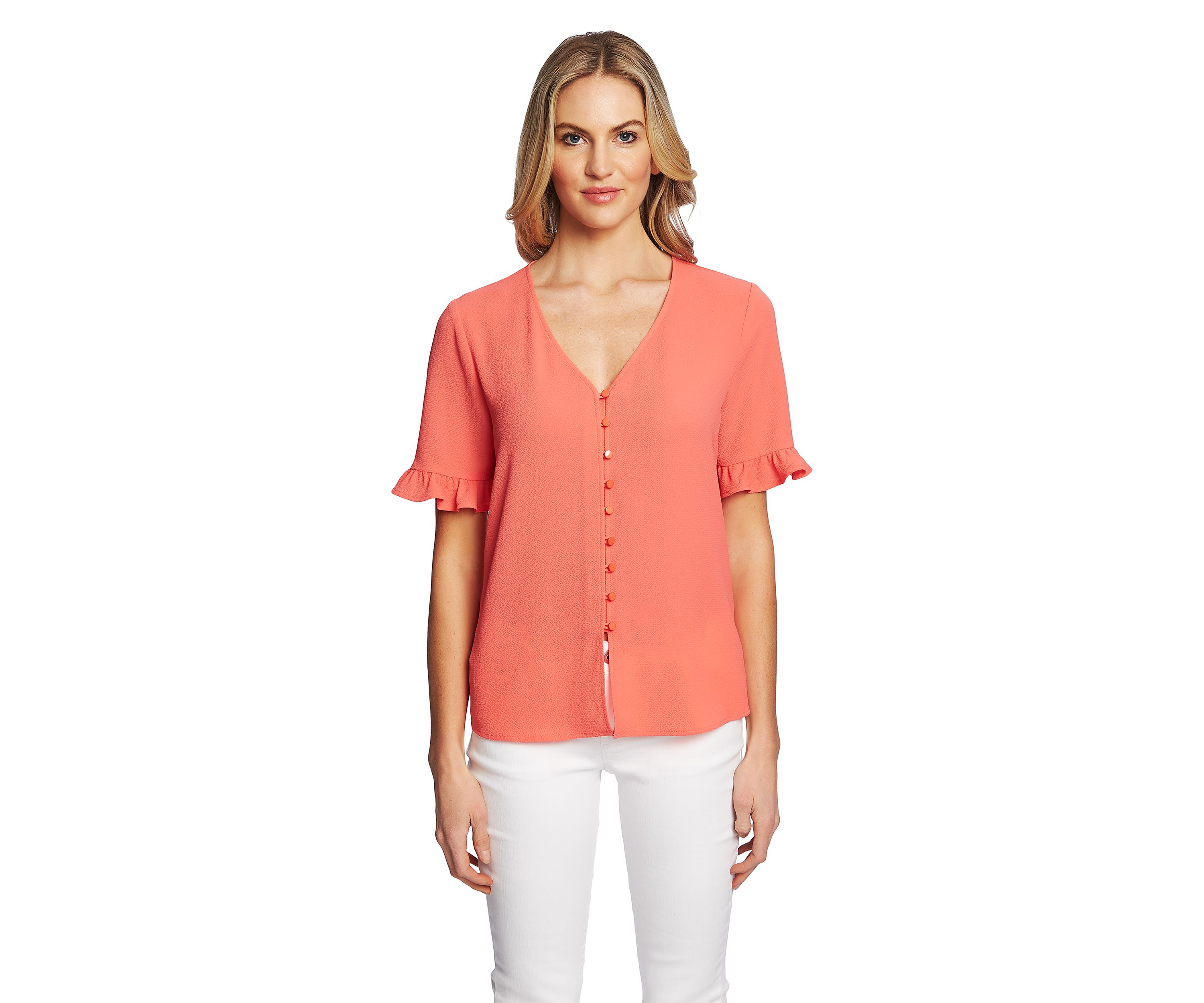 Petite Button Front V-Neck Blouse