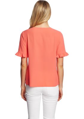 Petite Button Front V-Neck Blouse