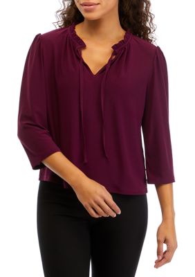Petite 3/4 Sleeve Ruched Tie Neck Knit Blouse