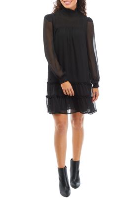 Petite Long Sleeve Smock Yoke Tiered Dress