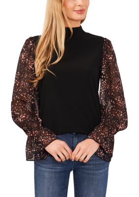 Petite Long Sleeve Mixed Media Abstract Animal Print Blouse