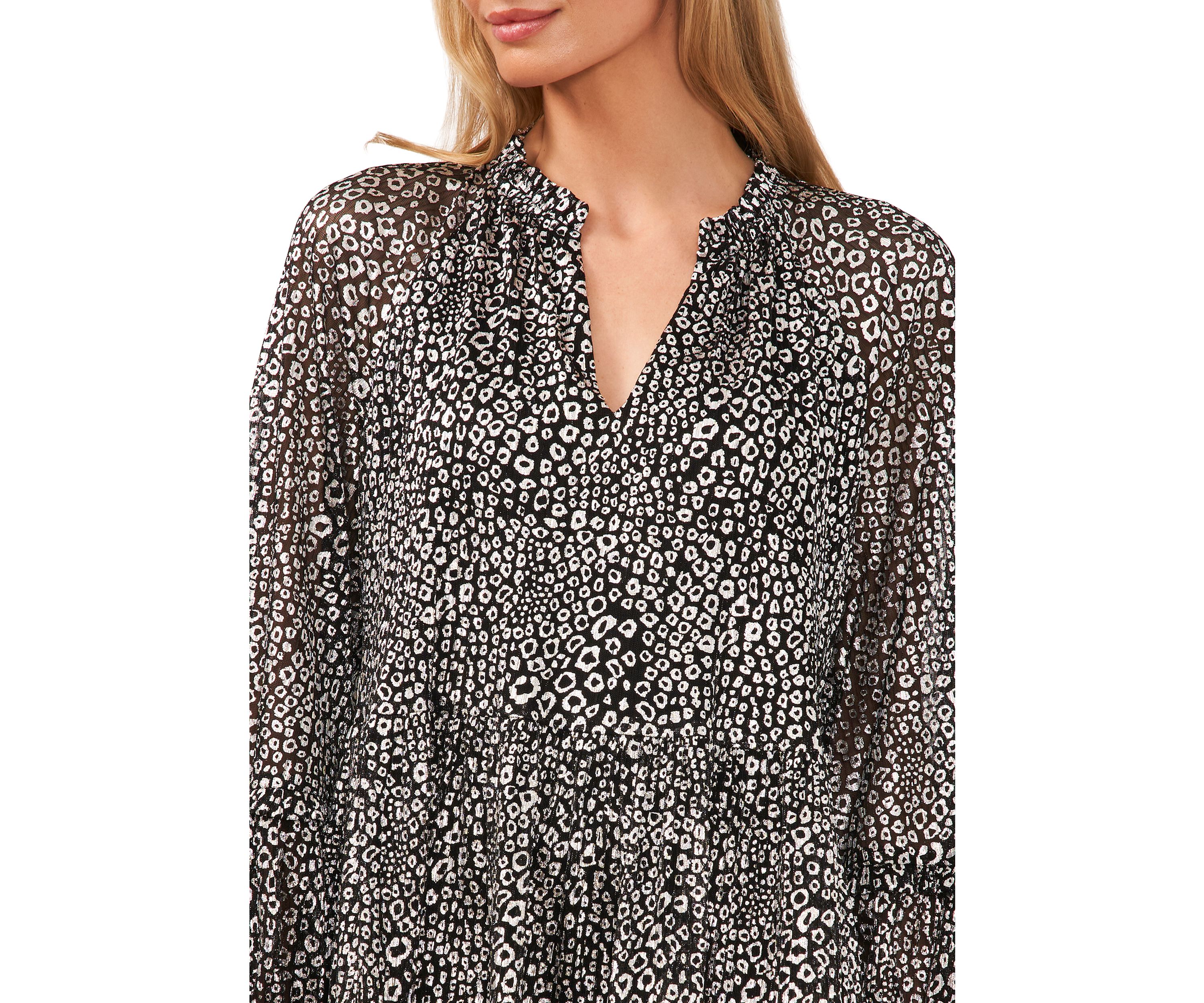 Petite Long Sleeve Foil Animal Jacquard Babydoll Dress