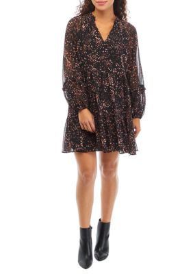 Petite Long Sleeve Abstract Animal Print Tiered Babydoll Dress