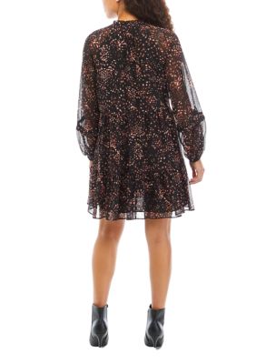 Petite Long Sleeve Abstract Animal Print Tiered Babydoll Dress