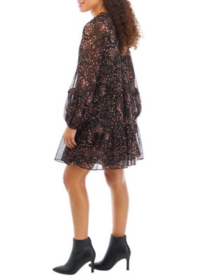 Petite Long Sleeve Abstract Animal Print Tiered Babydoll Dress