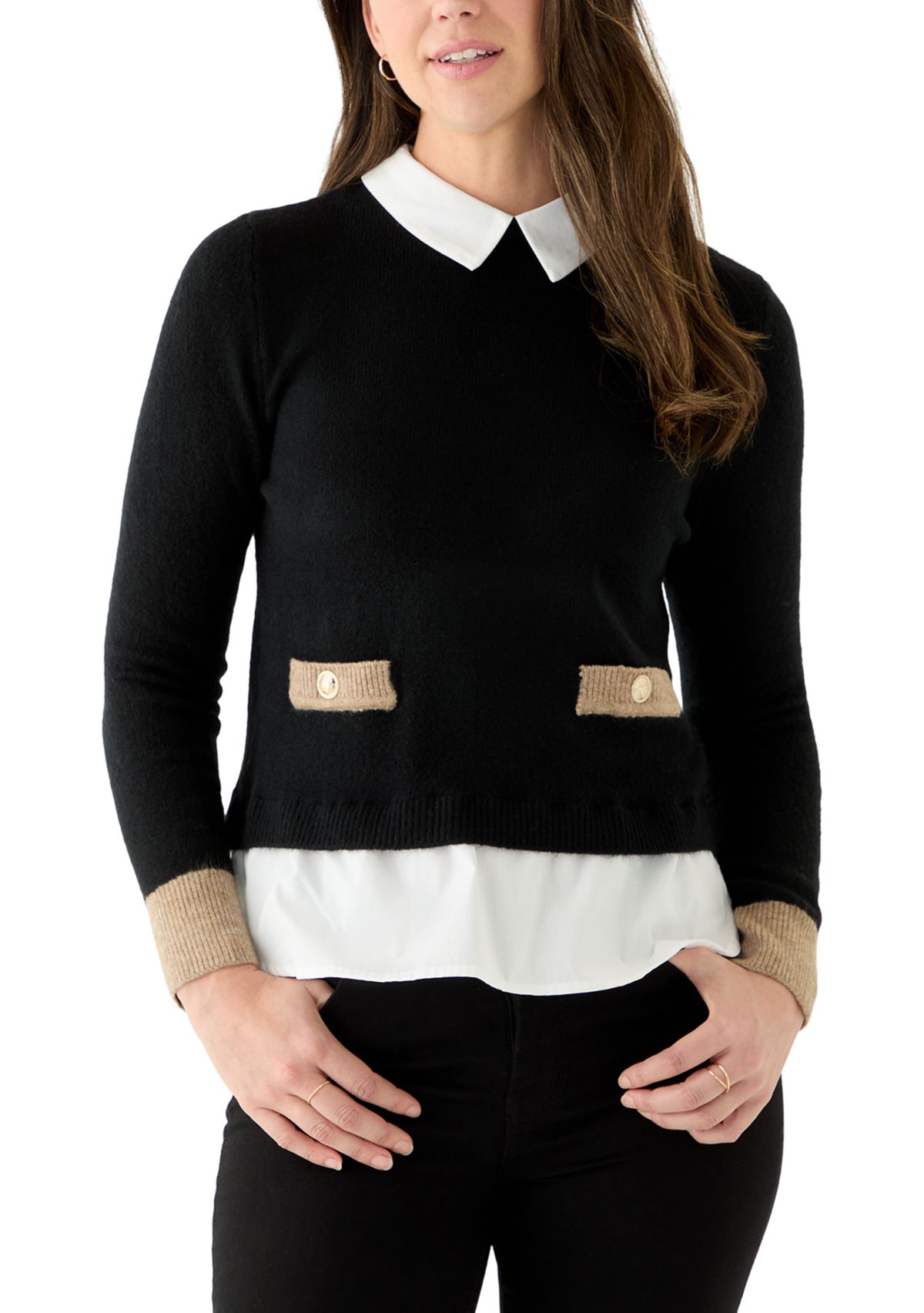 Petite Twofer Sweater with Contrast Welt Pockets
