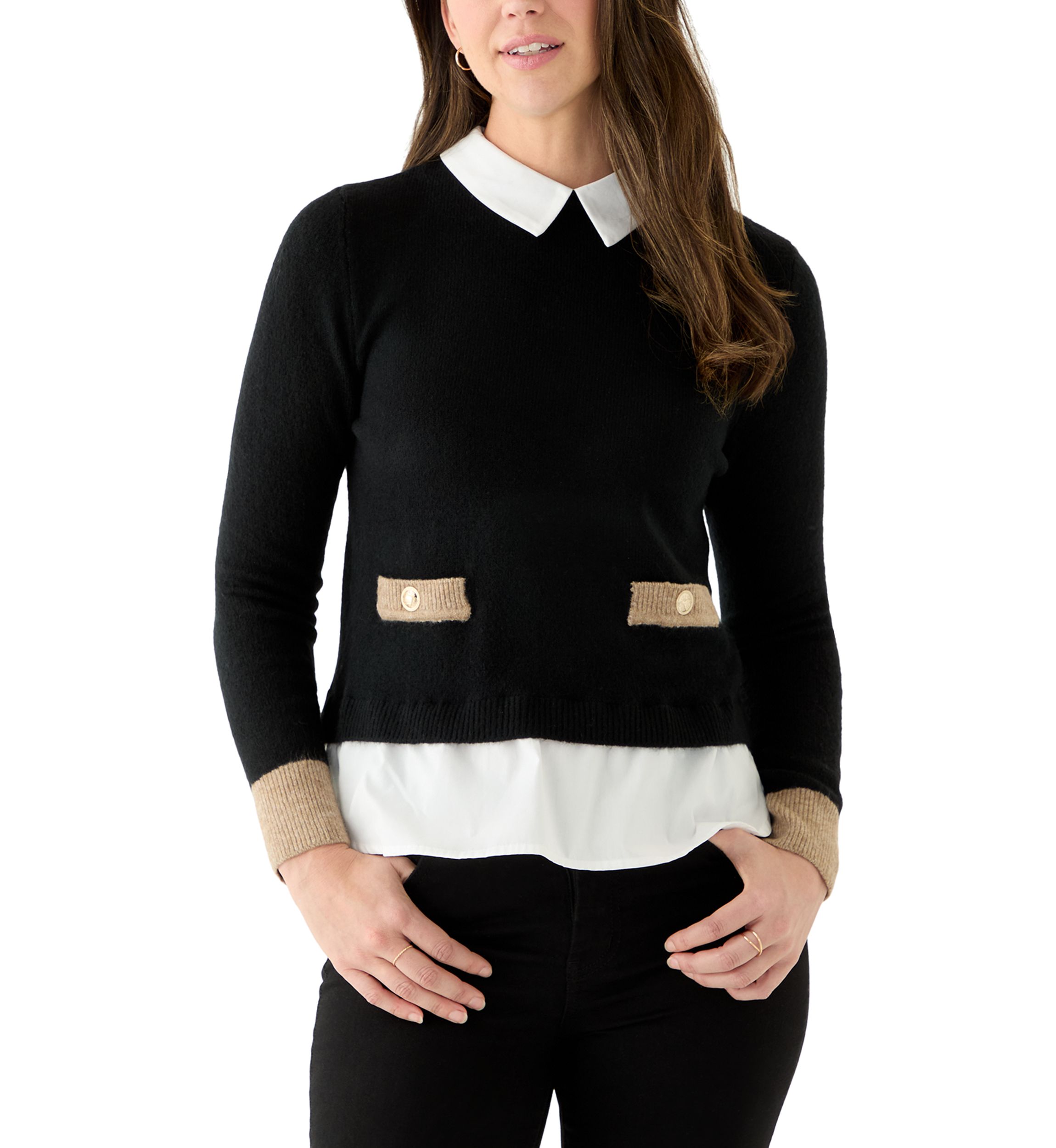 Petite Twofer Sweater with Contrast Welt Pockets