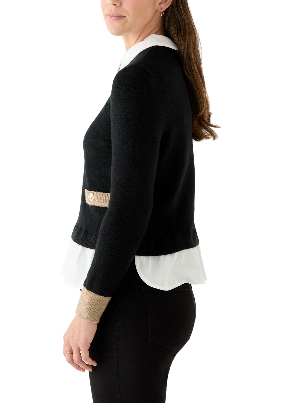 Petite Twofer Sweater with Contrast Welt Pockets