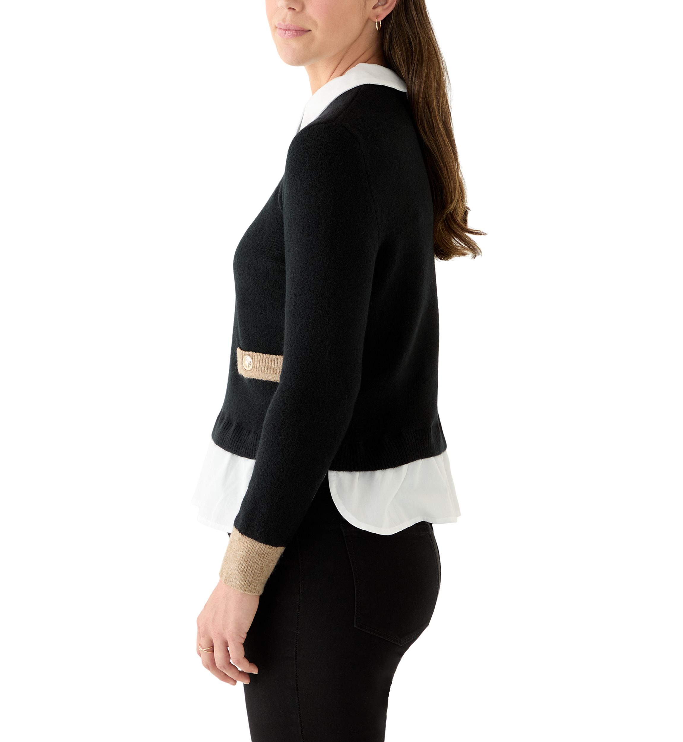 Petite Twofer Sweater with Contrast Welt Pockets