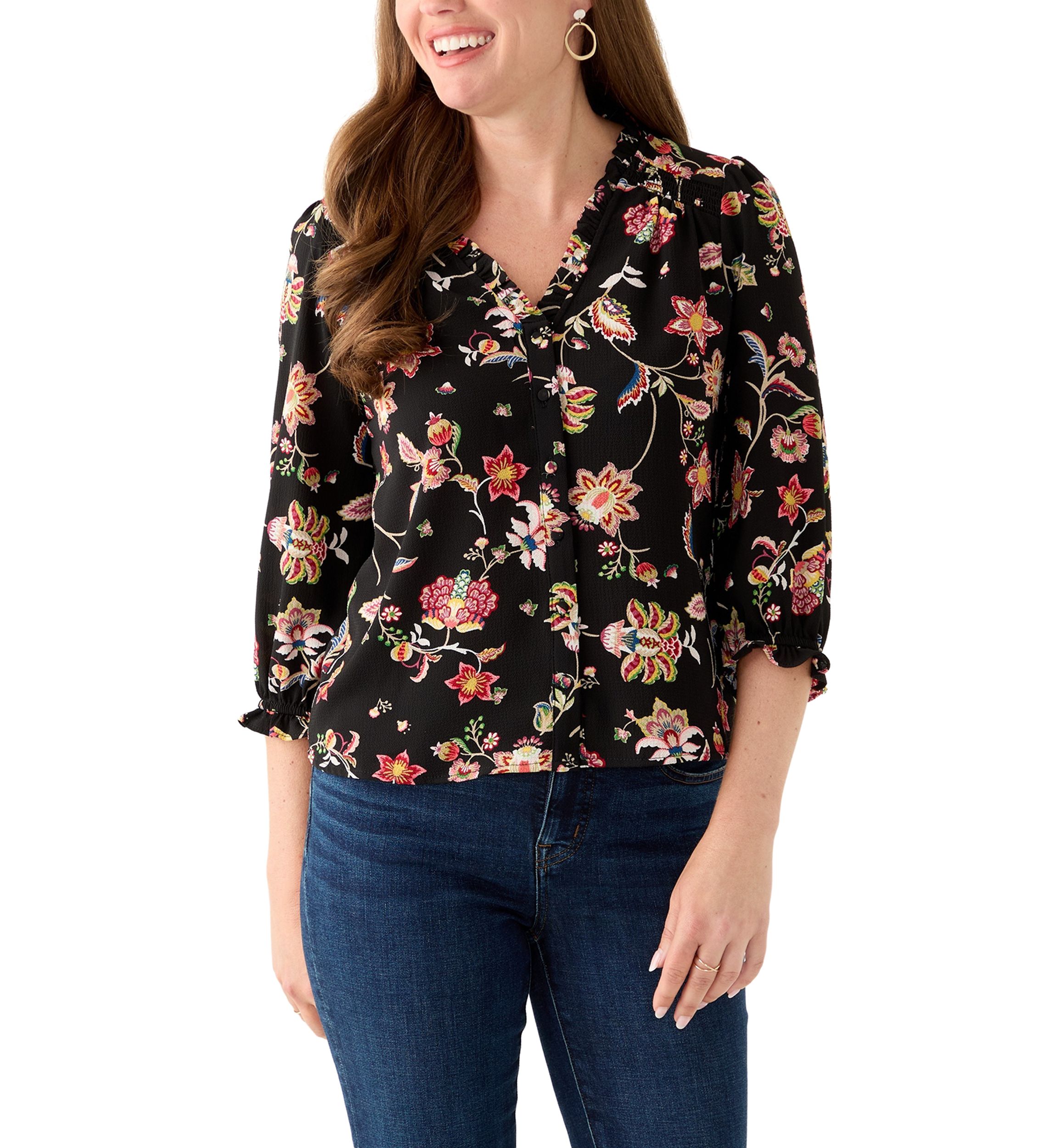 Petite 3/4 Sleeve Rich Black V-Neck Button Blouse
