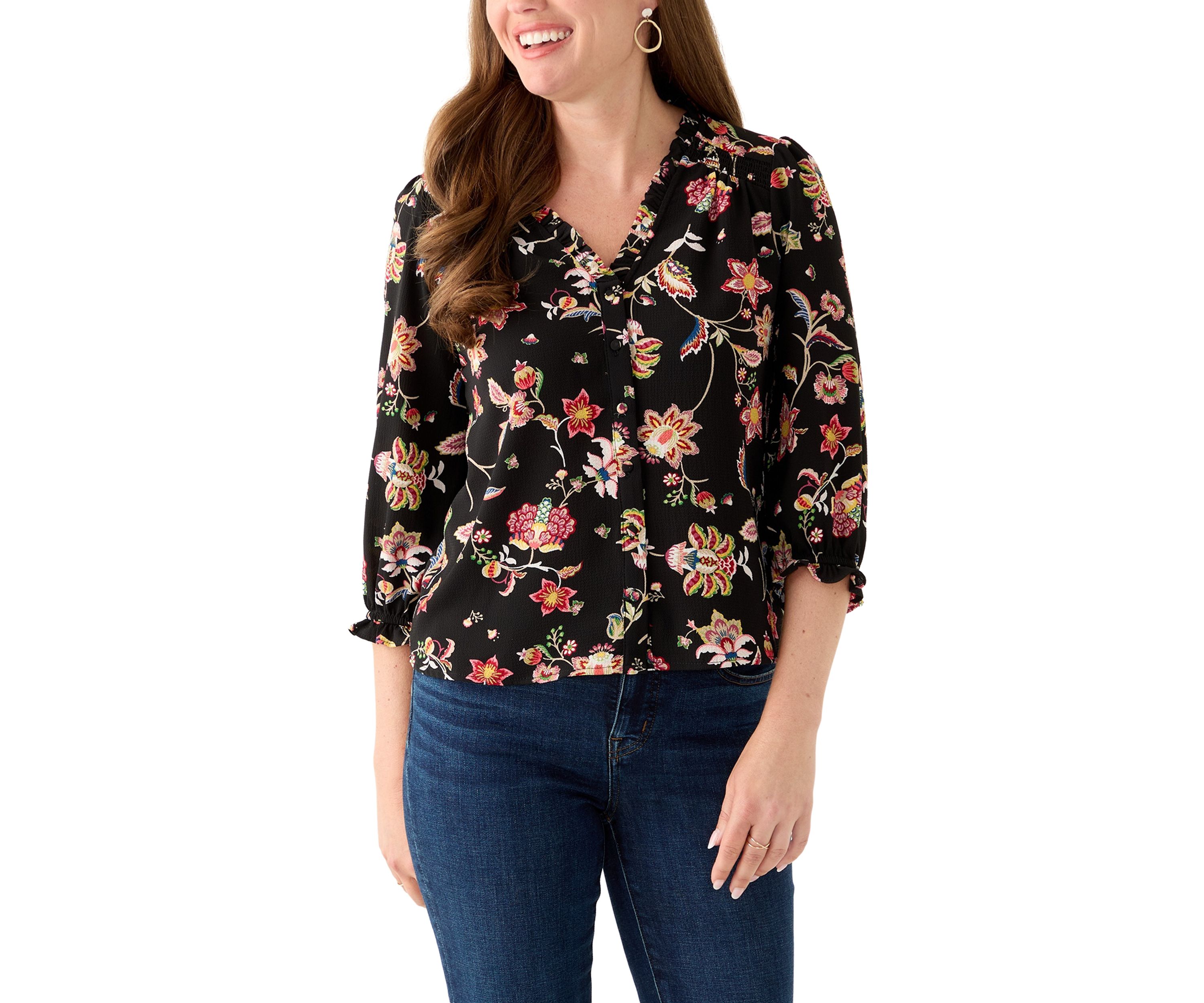 Petite 3/4 Sleeve Rich Black V-Neck Button Blouse