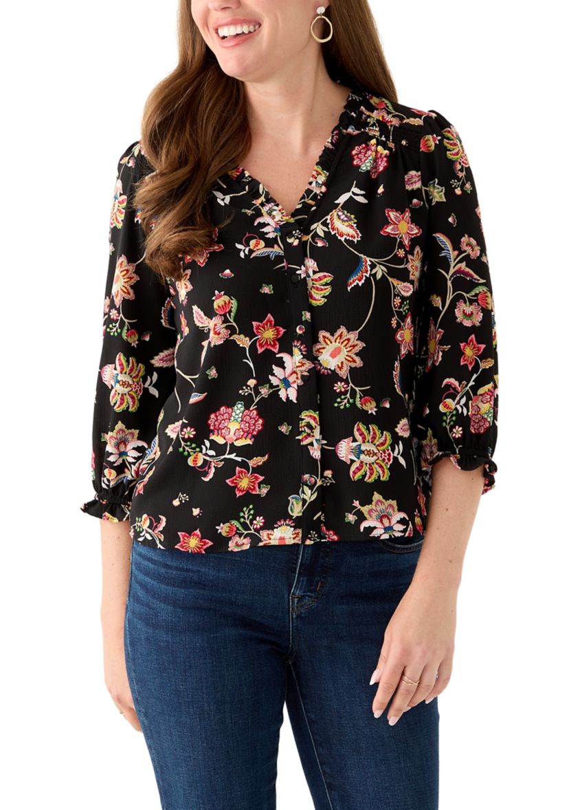 Petite 3/4 Sleeve Rich Black V-Neck Button Blouse