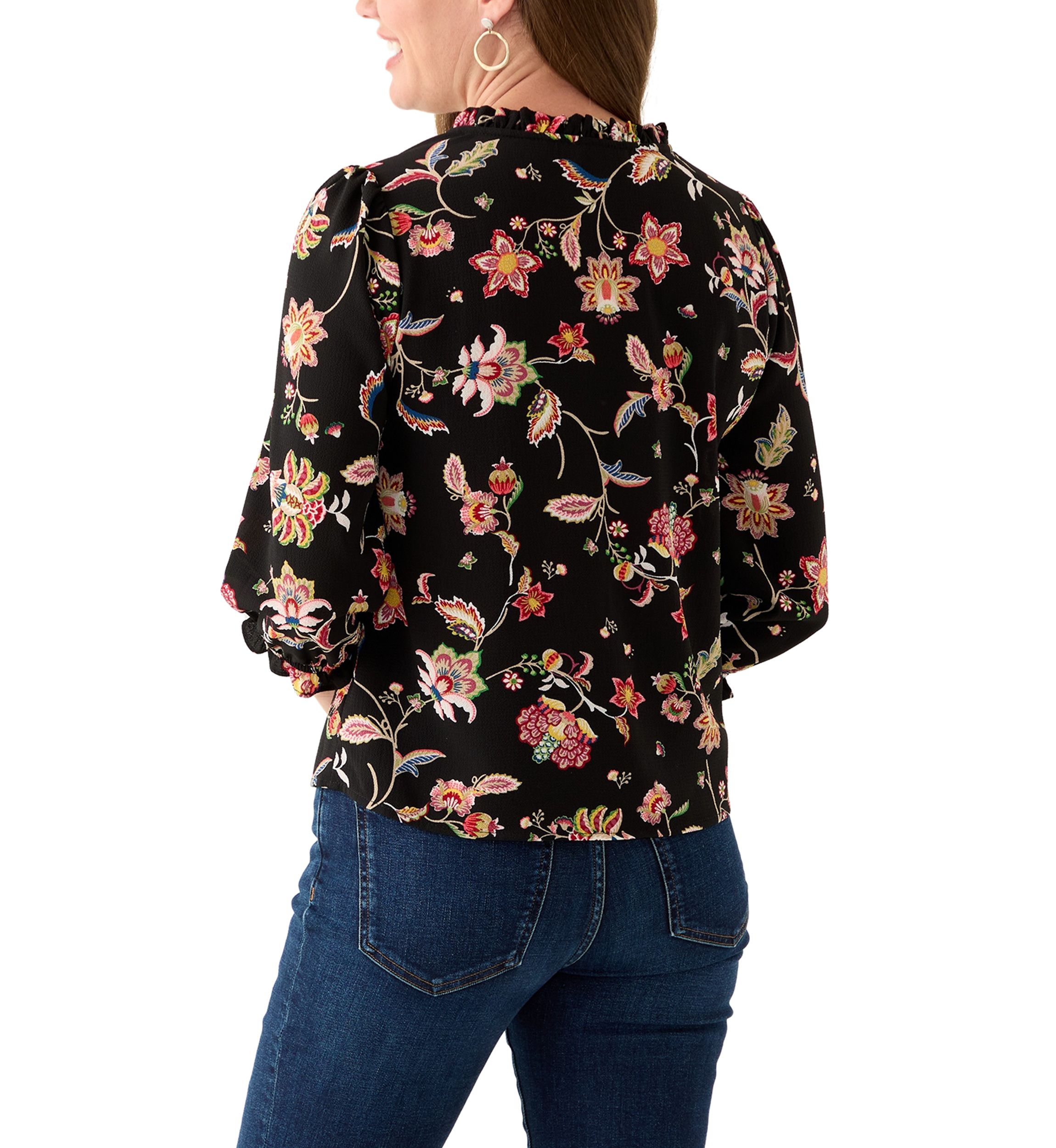 Petite 3/4 Sleeve Rich Black V-Neck Button Blouse