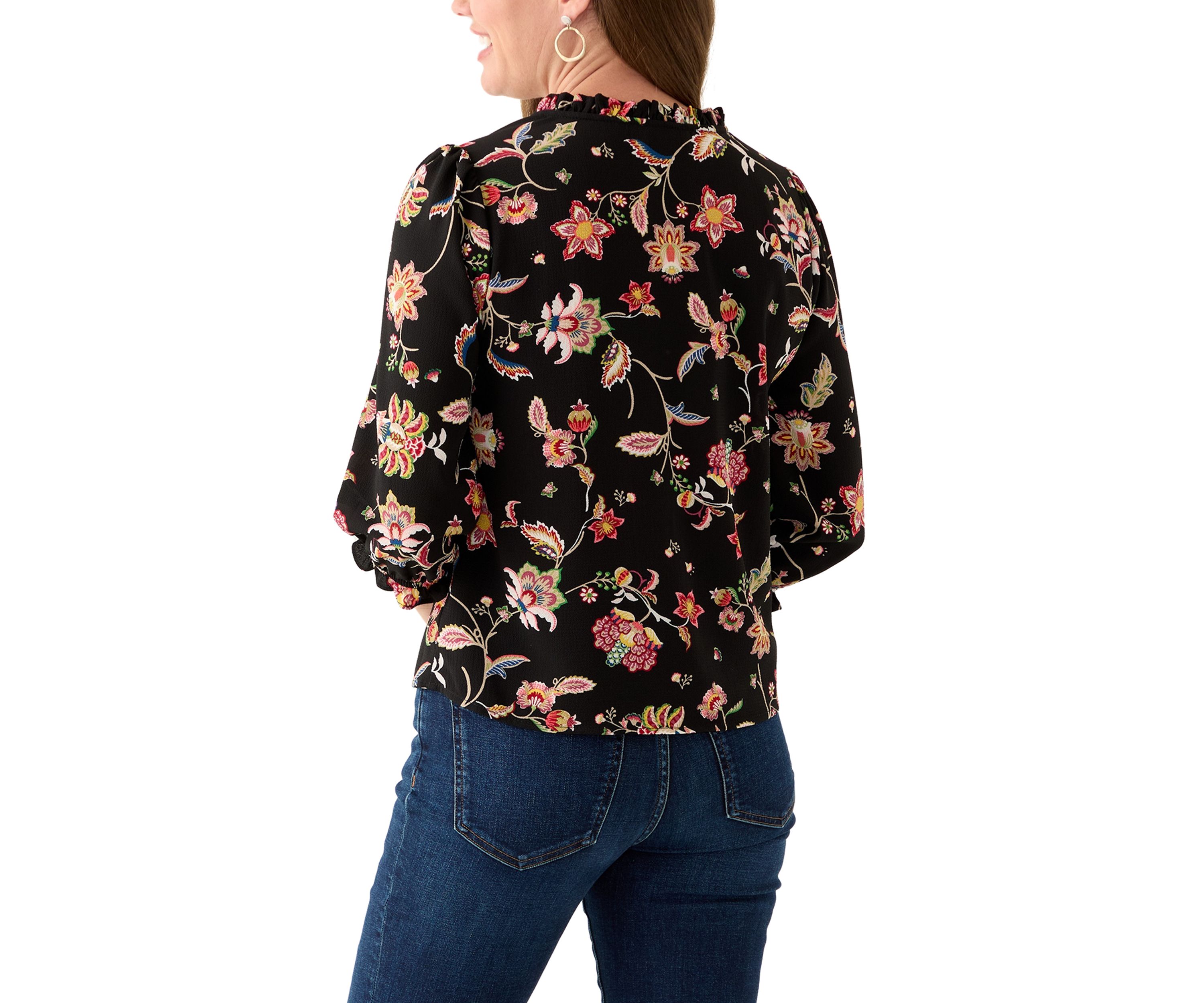 Petite 3/4 Sleeve Rich Black V-Neck Button Blouse