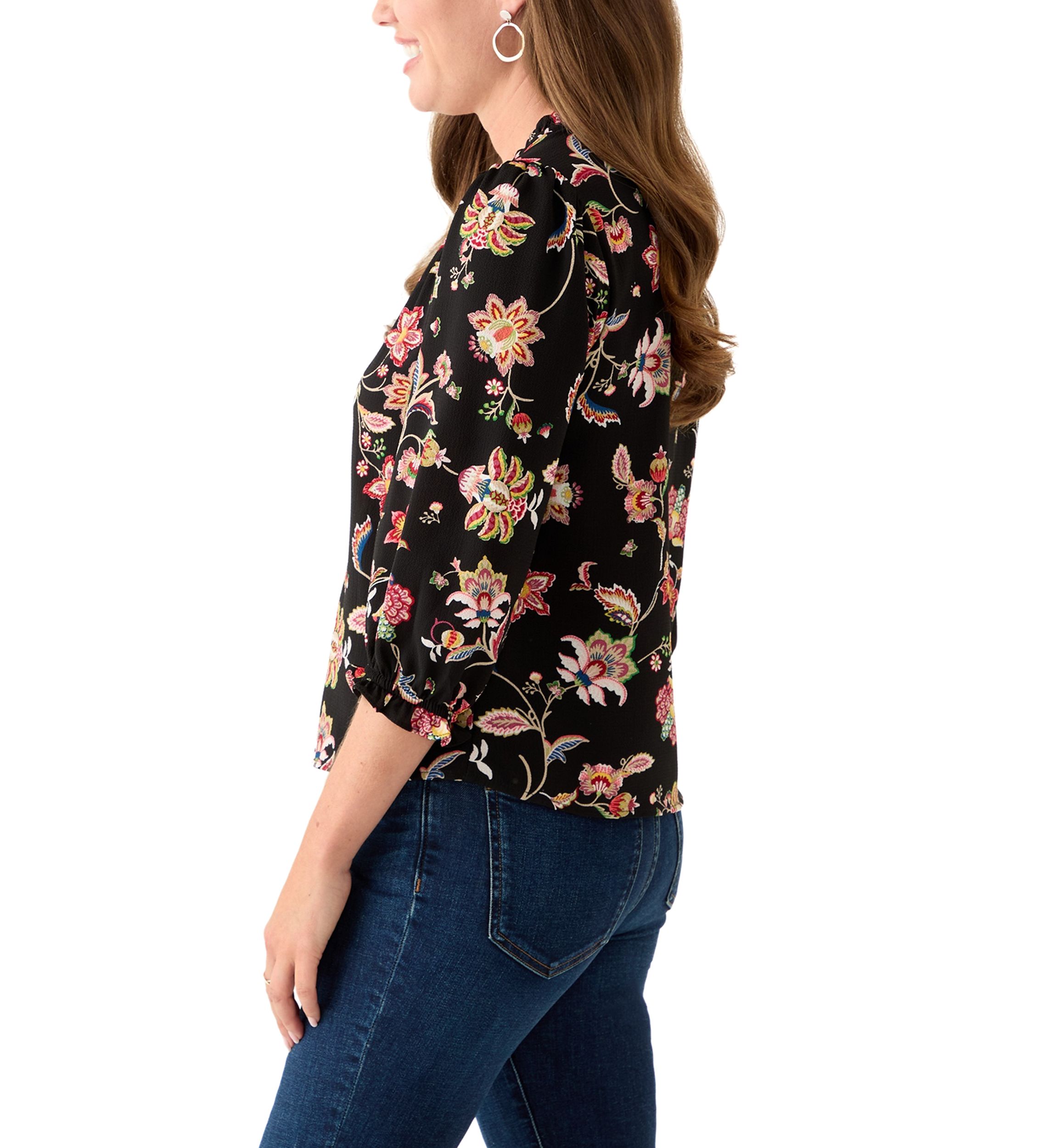 Petite 3/4 Sleeve Rich Black V-Neck Button Blouse