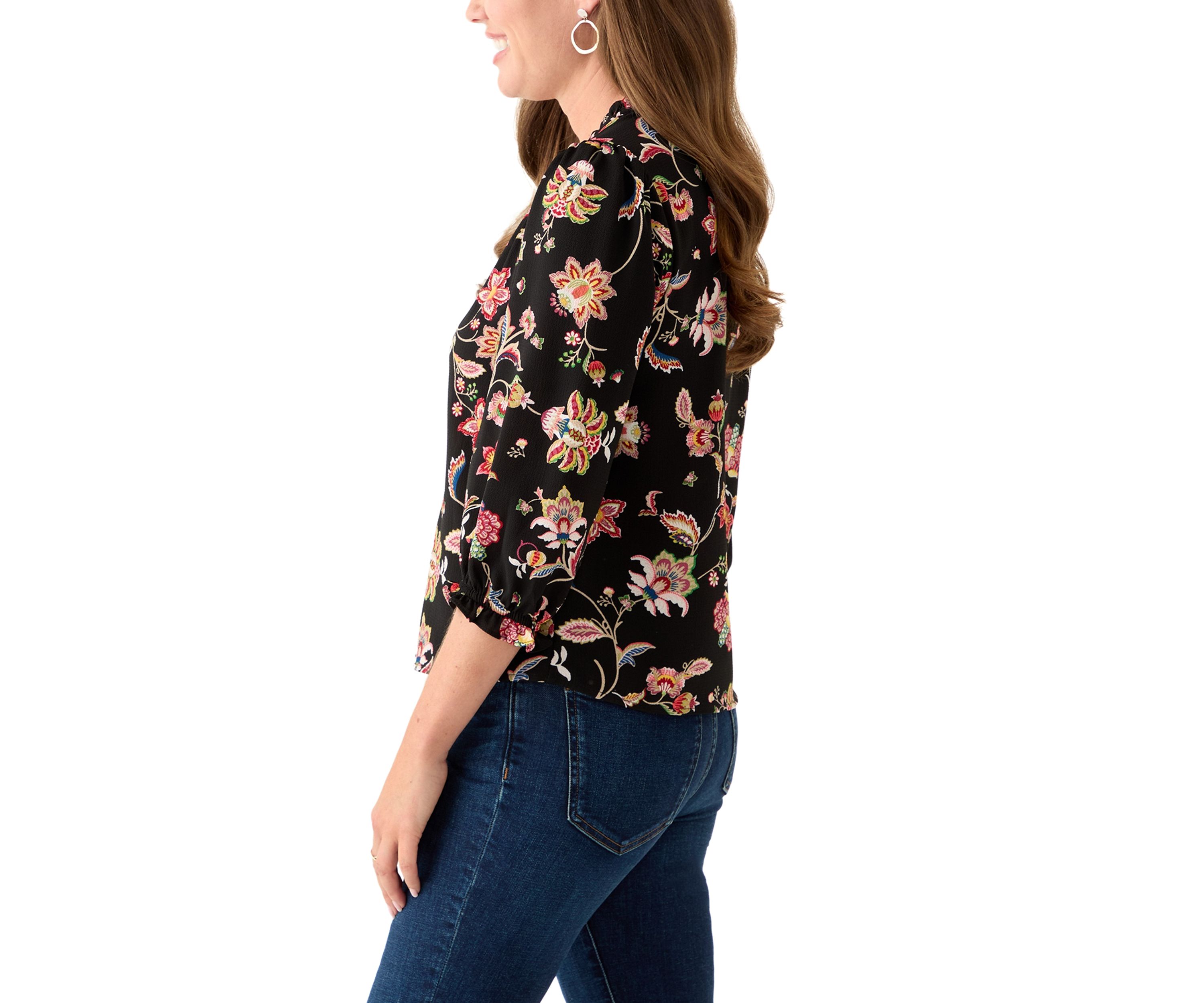 Petite 3/4 Sleeve Rich Black V-Neck Button Blouse