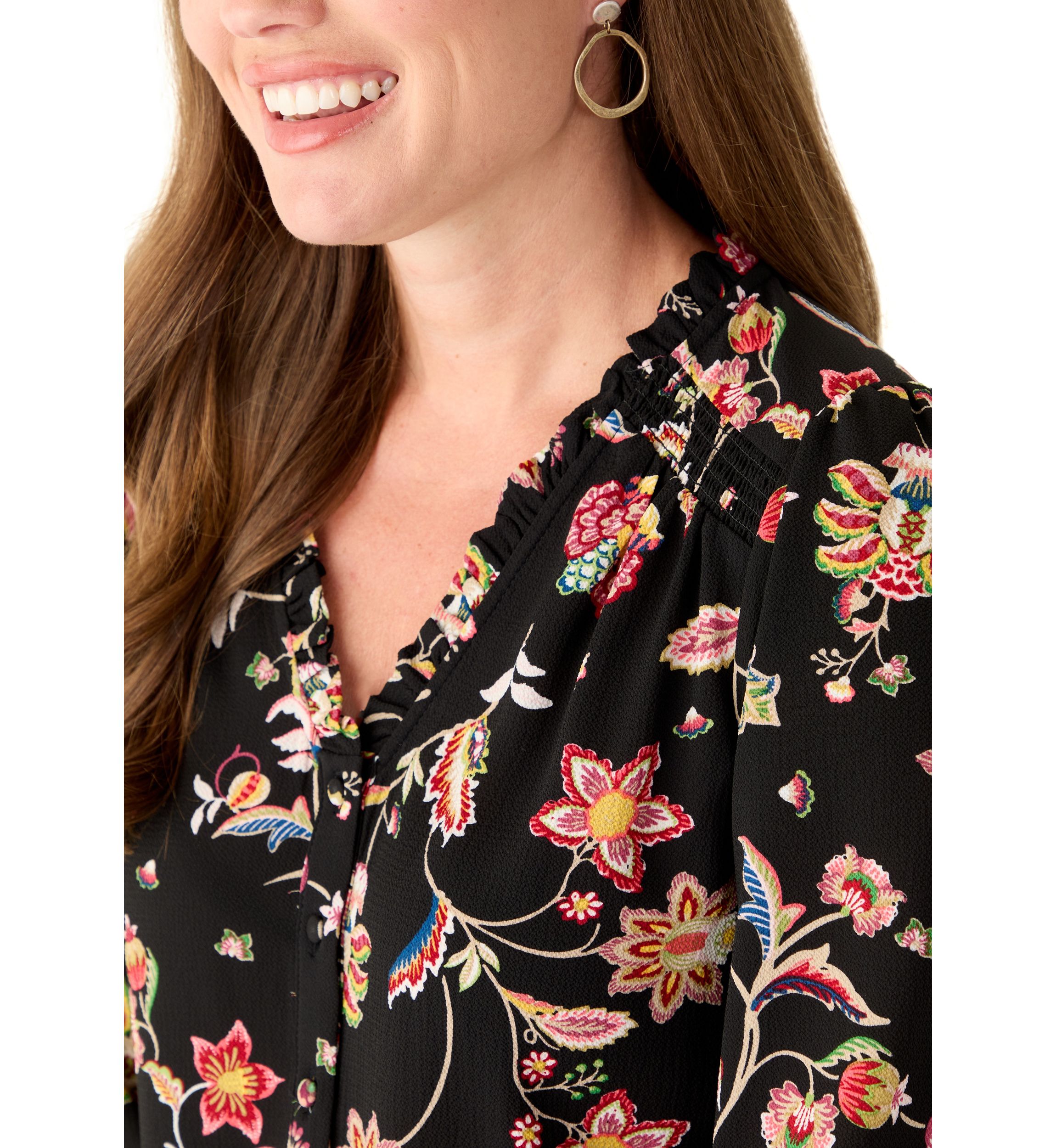 Petite 3/4 Sleeve Rich Black V-Neck Button Blouse