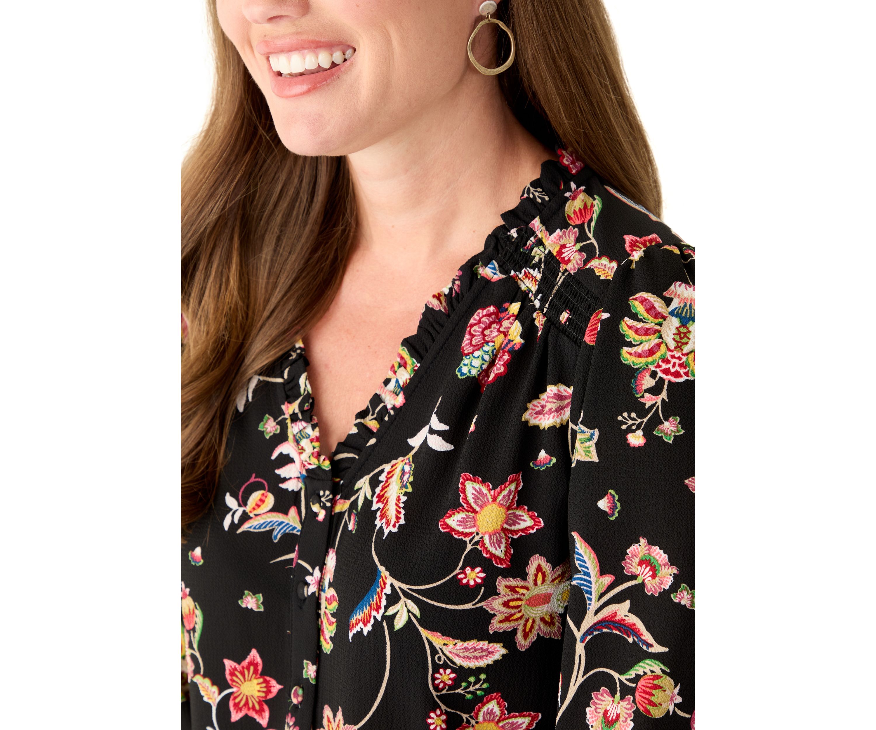 Petite 3/4 Sleeve Rich Black V-Neck Button Blouse