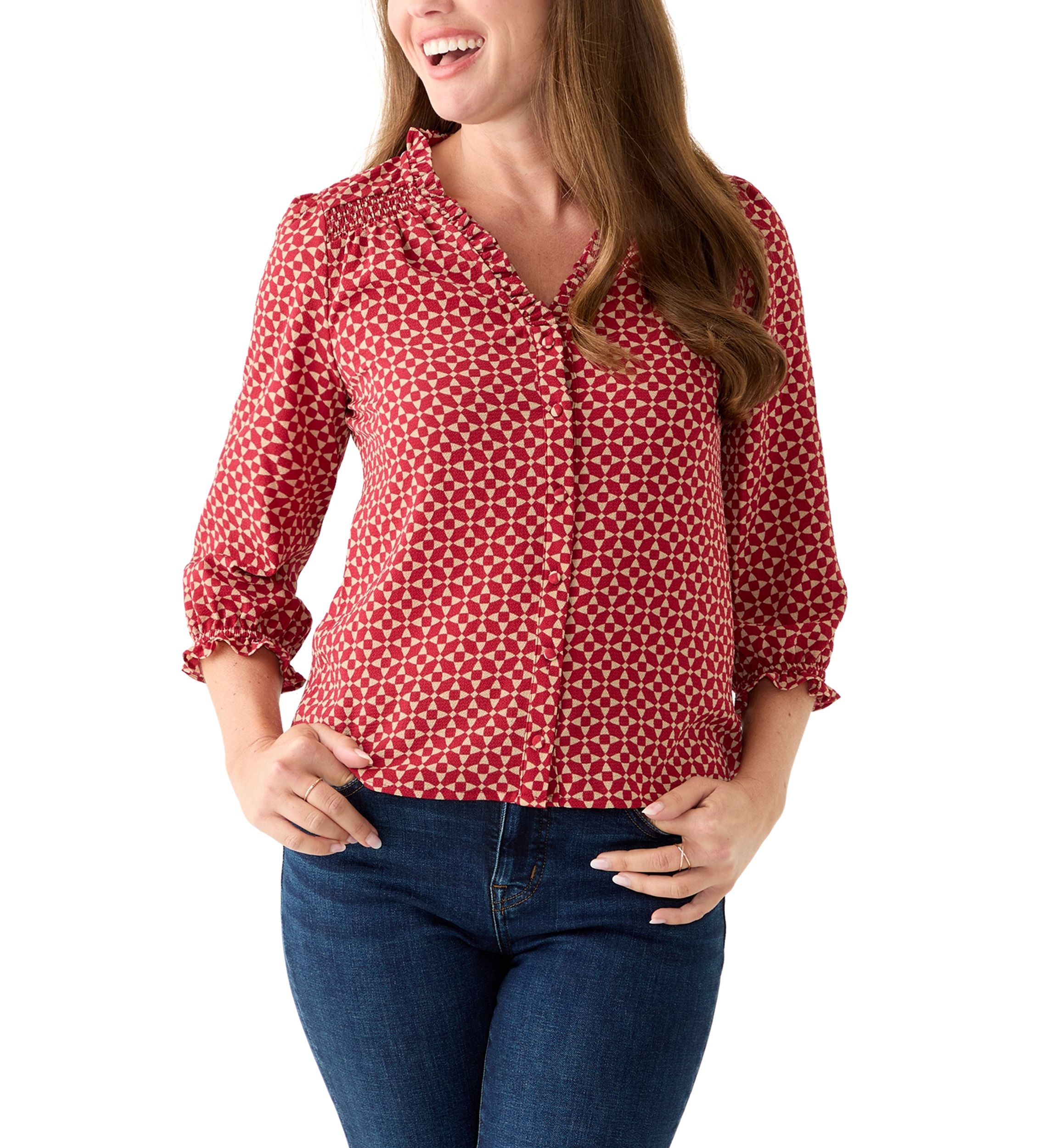 Petite 3/4 Sleeve Mulberry Red V-Neck Button Blouse
